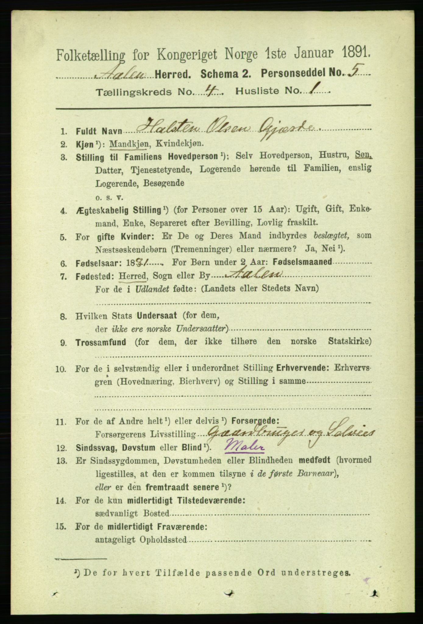 RA, 1891 census for 1644 Ålen, 1891, p. 1170