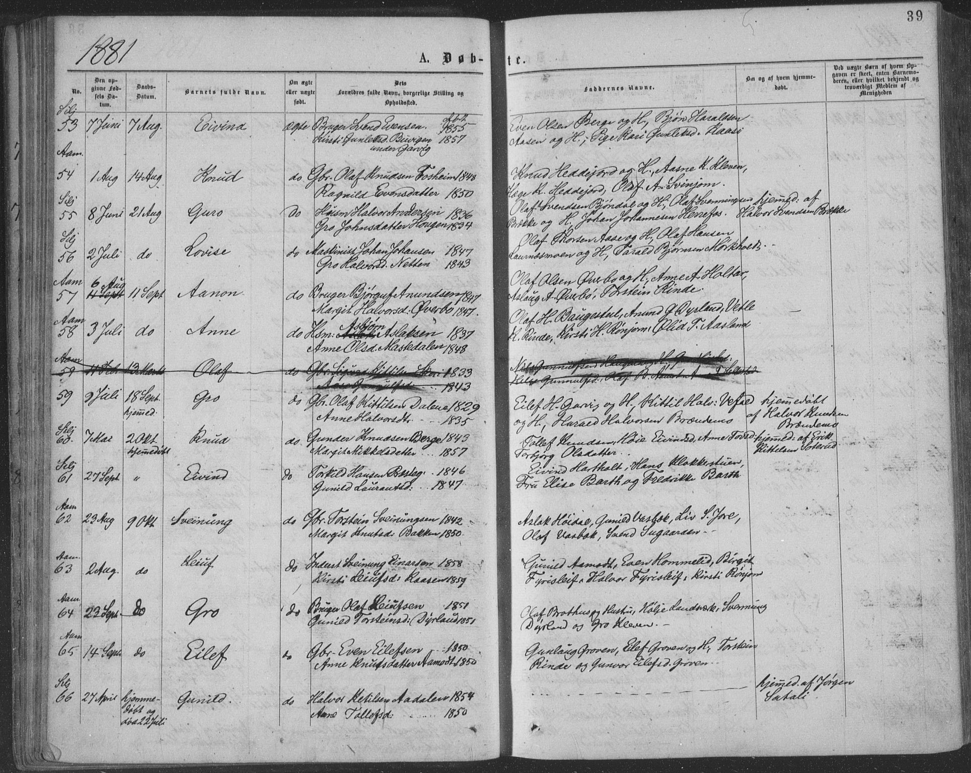 Seljord kirkebøker, AV/SAKO-A-20/F/Fa/L0014: Parish register (official) no. I 14, 1877-1886, p. 39
