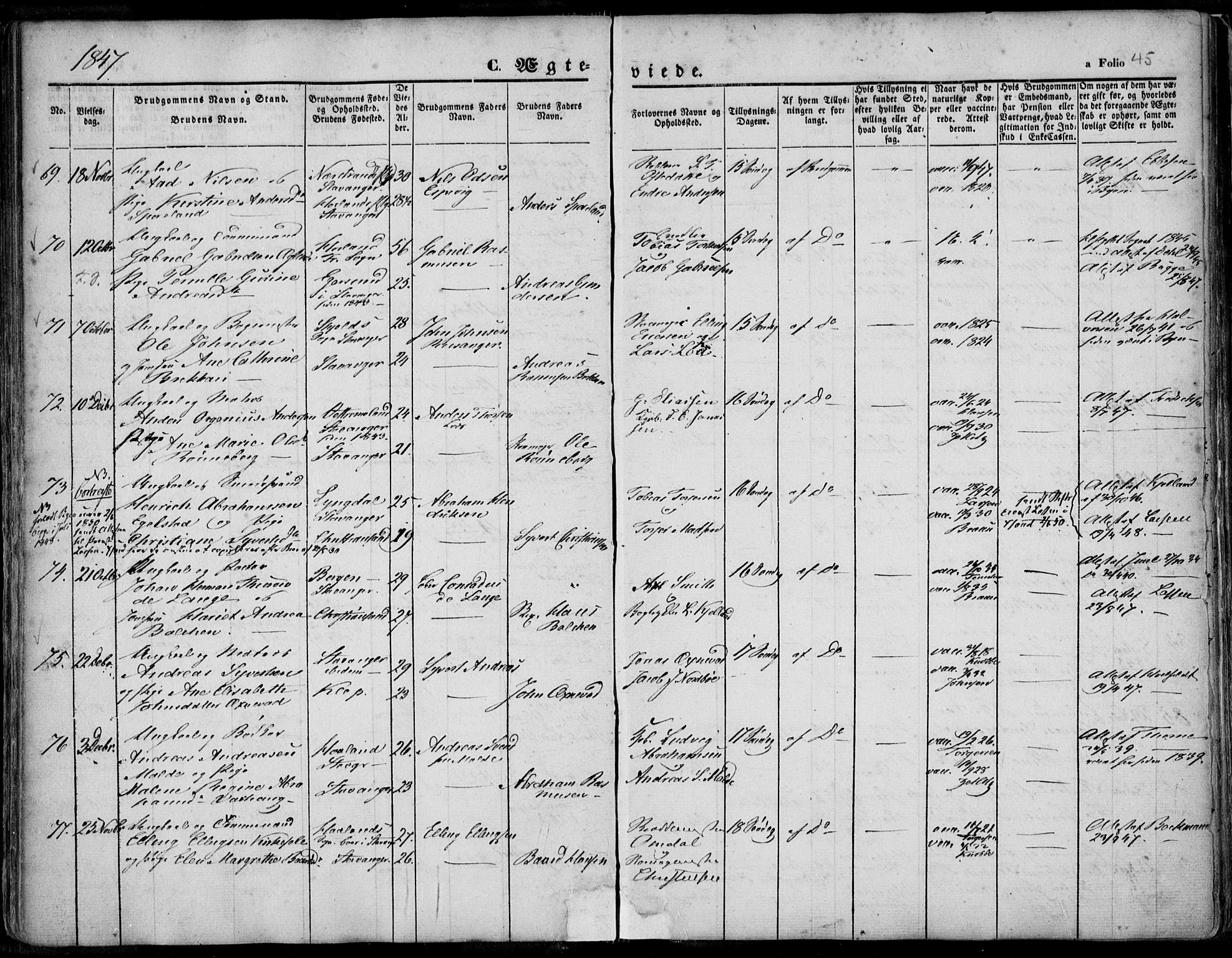 Domkirken sokneprestkontor, SAST/A-101812/001/30/30BA/L0015: Parish register (official) no. A 14, 1842-1857, p. 45