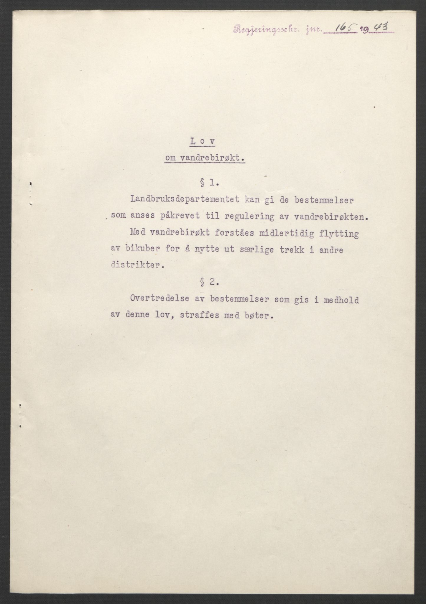 NS-administrasjonen 1940-1945 (Statsrådsekretariatet, de kommisariske statsråder mm), AV/RA-S-4279/D/Db/L0099: Lover, 1943, p. 376