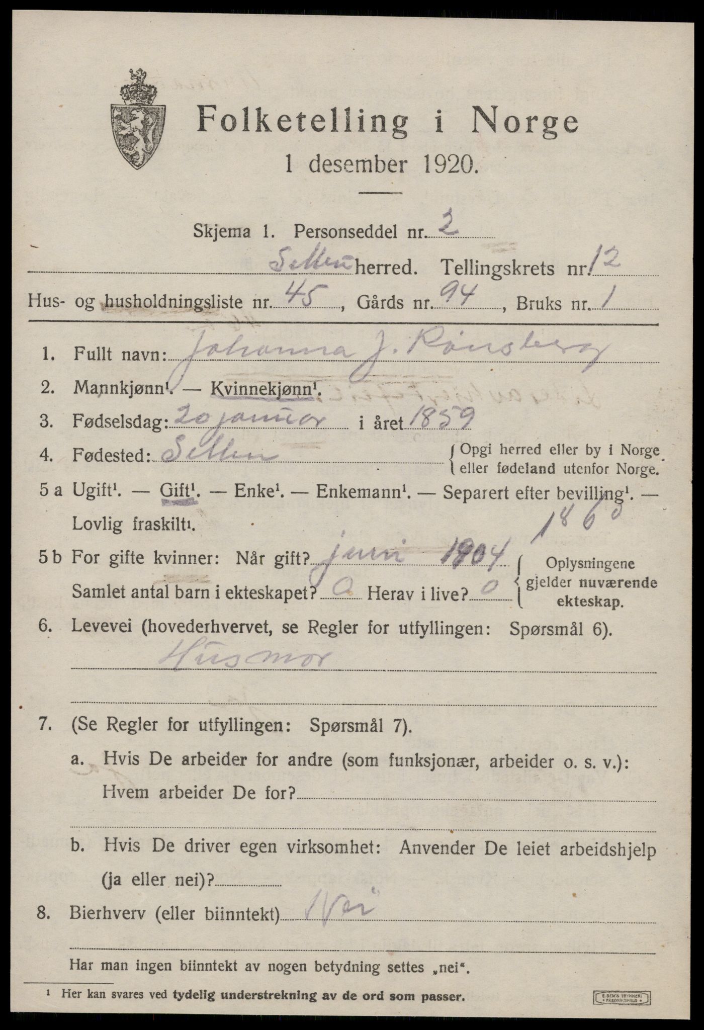 SAT, 1920 census for Selbu, 1920, p. 7010