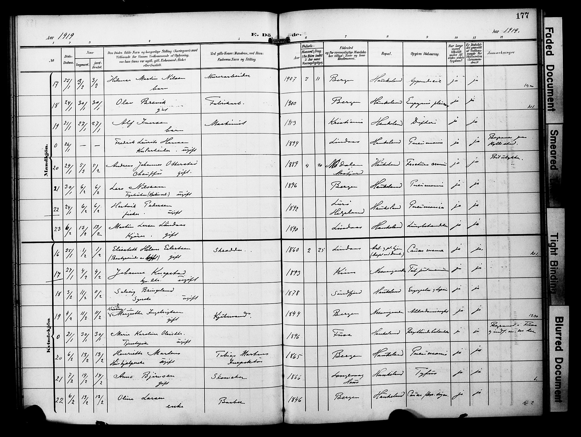 Bergen kommunale pleiehjem - stiftelsespresten, AV/SAB-A-100281: Parish register (official) no. A 6, 1908-1920, p. 177