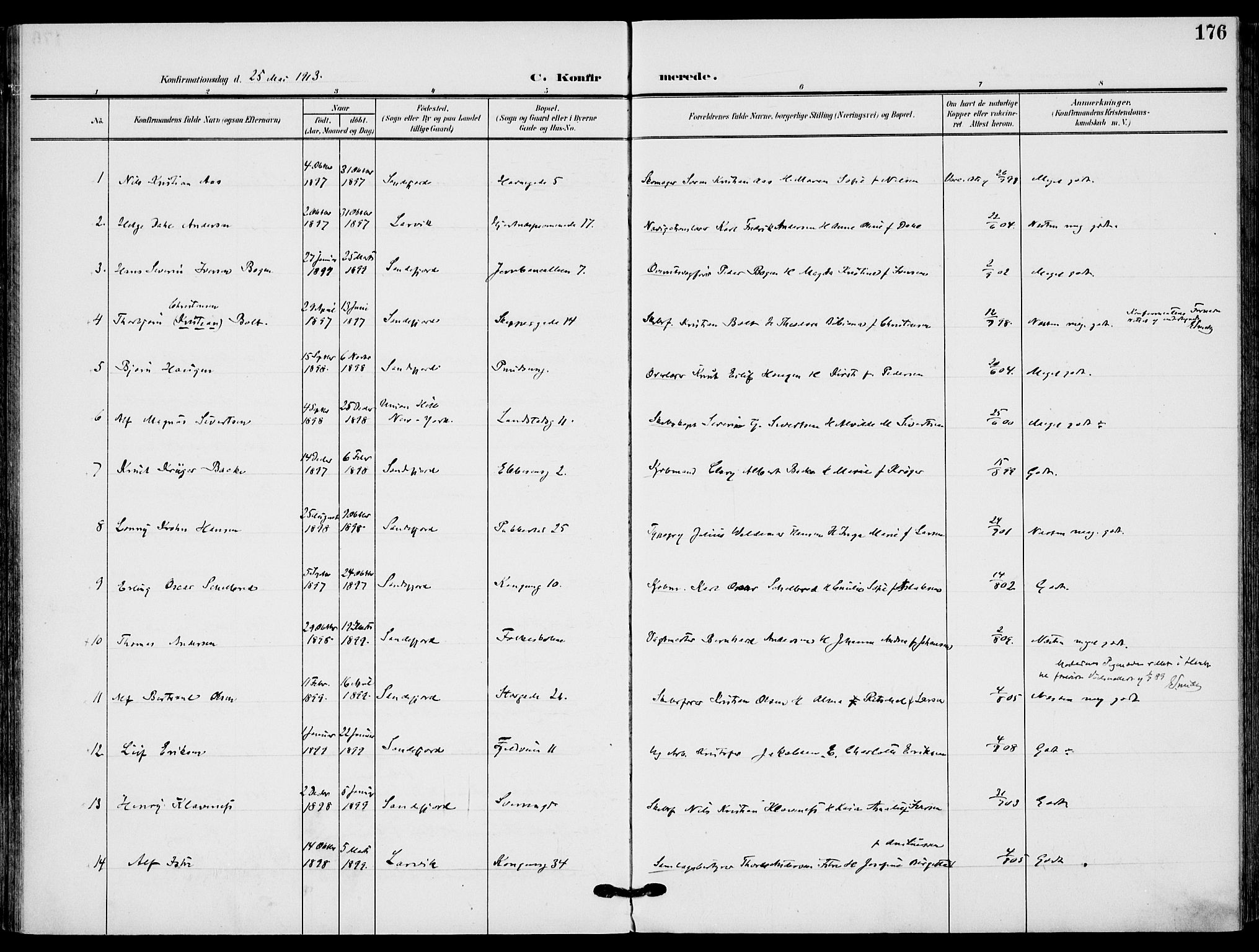 Sandefjord kirkebøker, SAKO/A-315/F/Fa/L0005: Parish register (official) no. 5, 1906-1915, p. 176