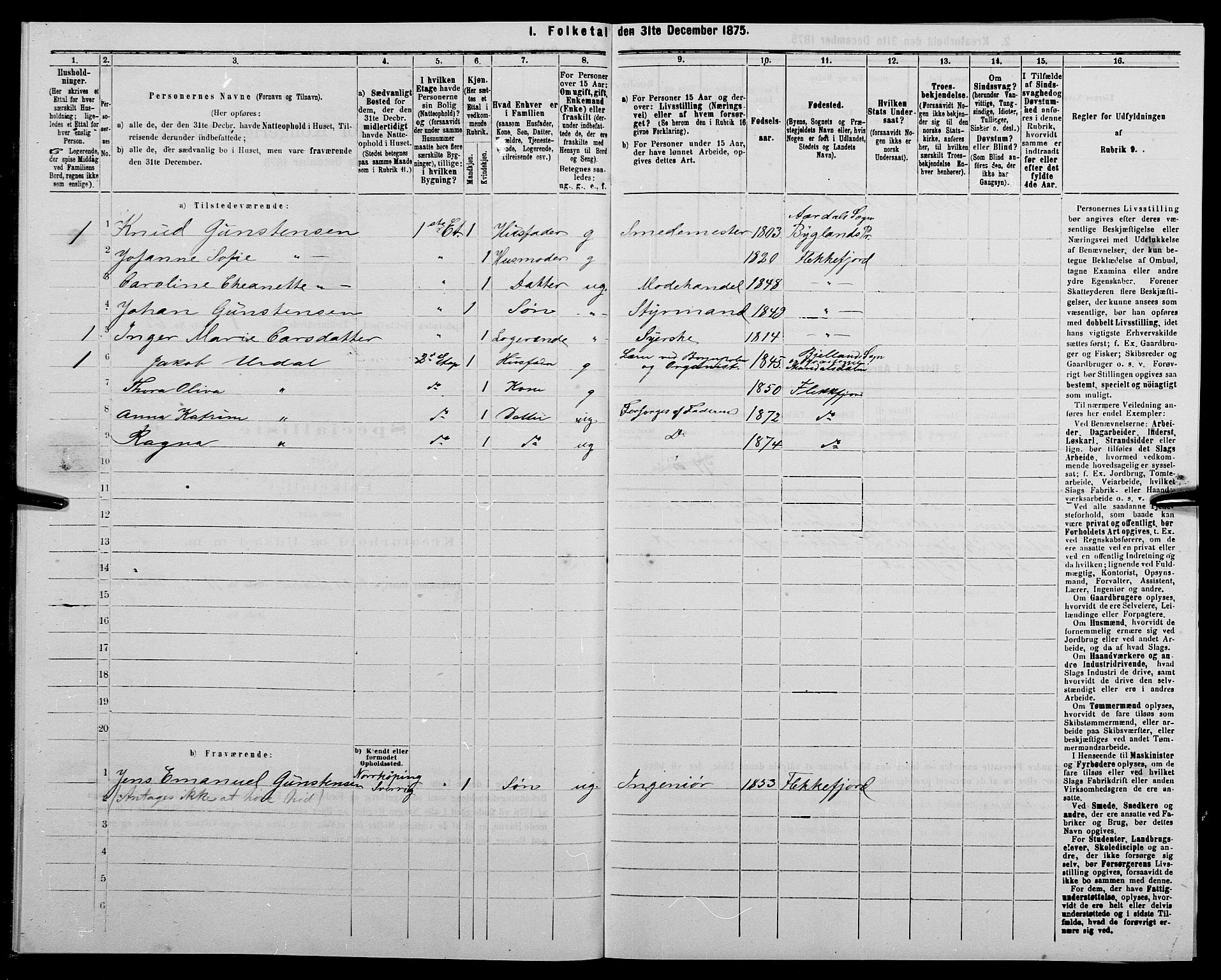 SAK, 1875 census for 1004B Flekkefjord/Flekkefjord, 1875, p. 37