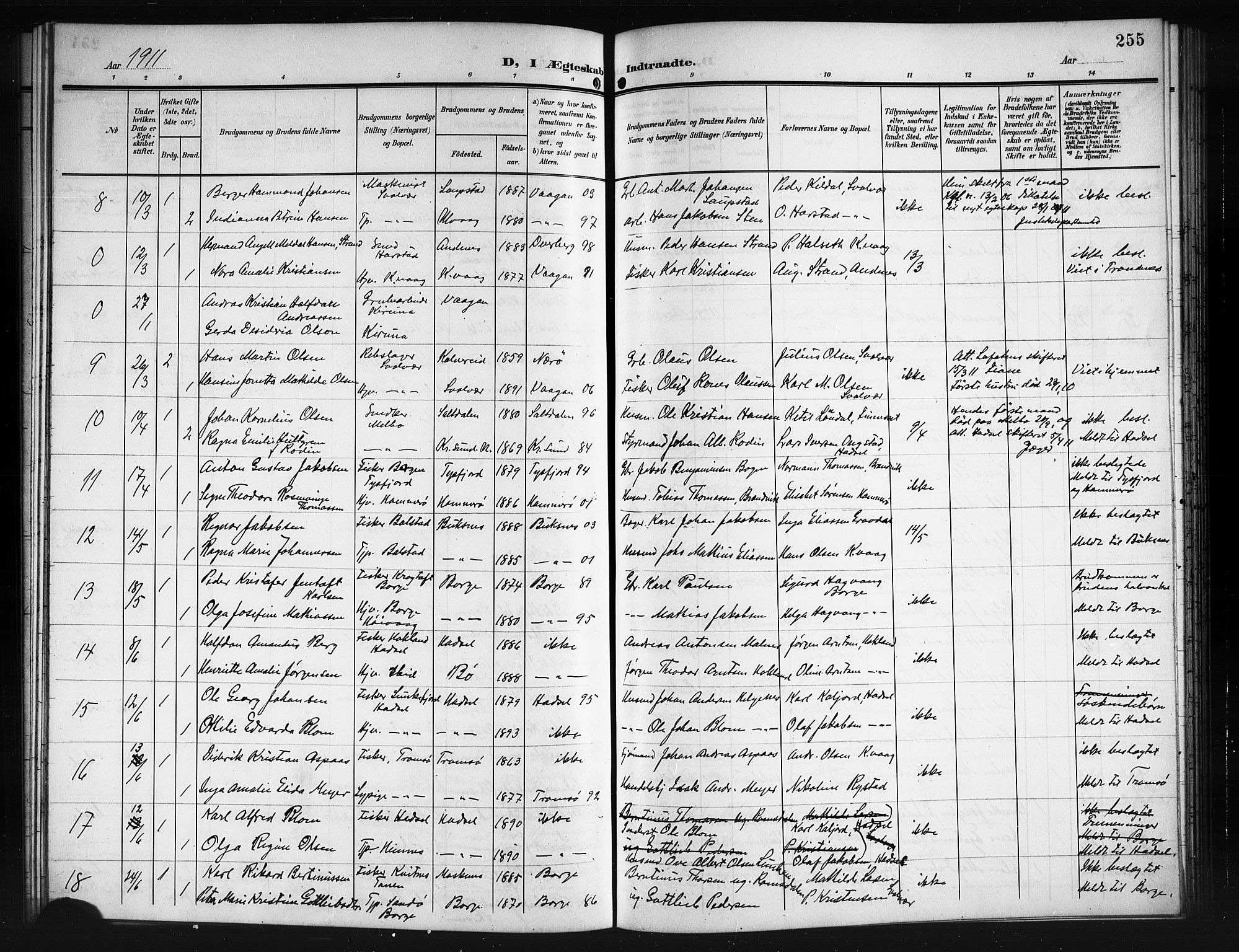 Ministerialprotokoller, klokkerbøker og fødselsregistre - Nordland, SAT/A-1459/874/L1079: Parish register (copy) no. 874C08, 1907-1915, p. 255