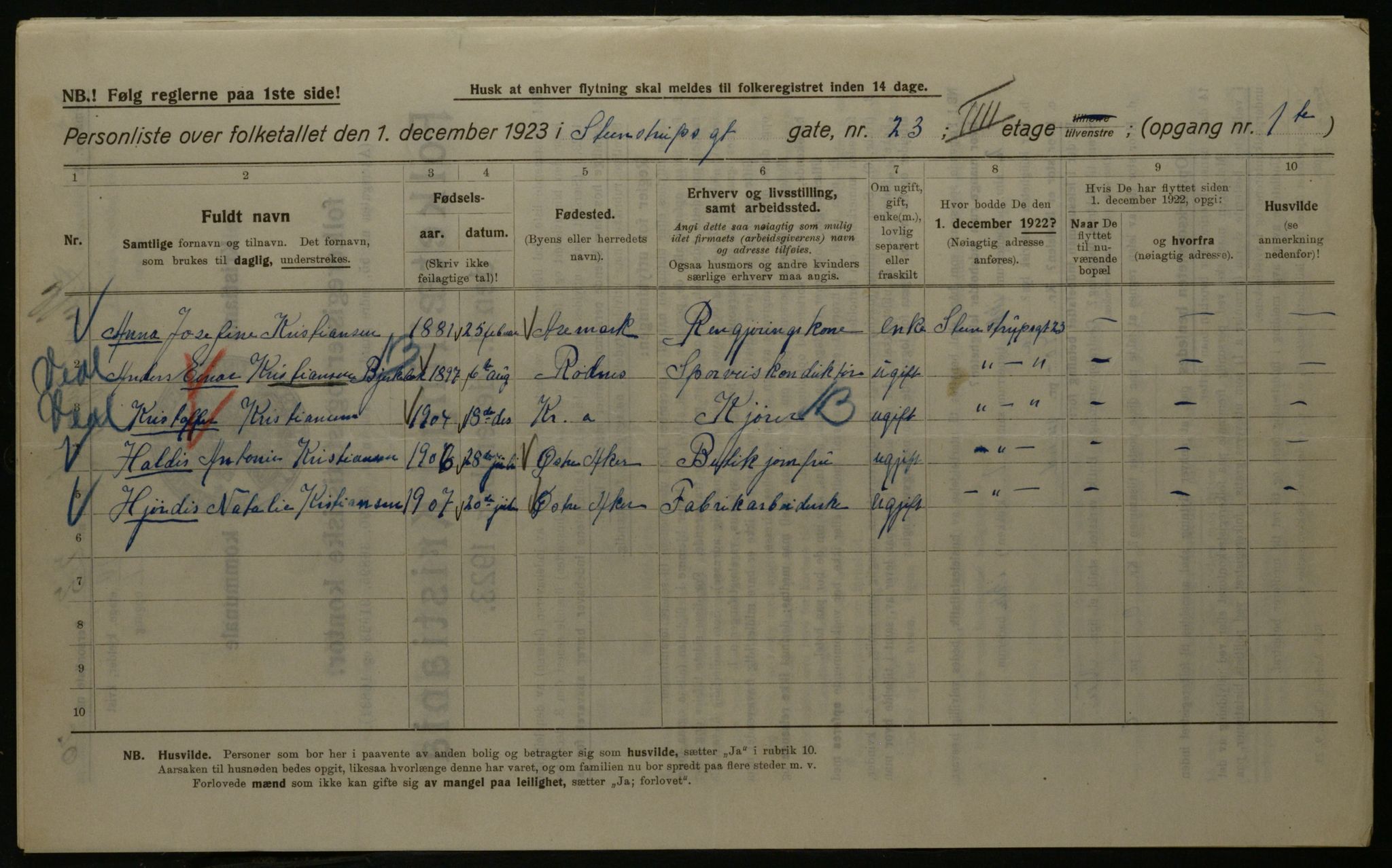 OBA, Municipal Census 1923 for Kristiania, 1923, p. 112002