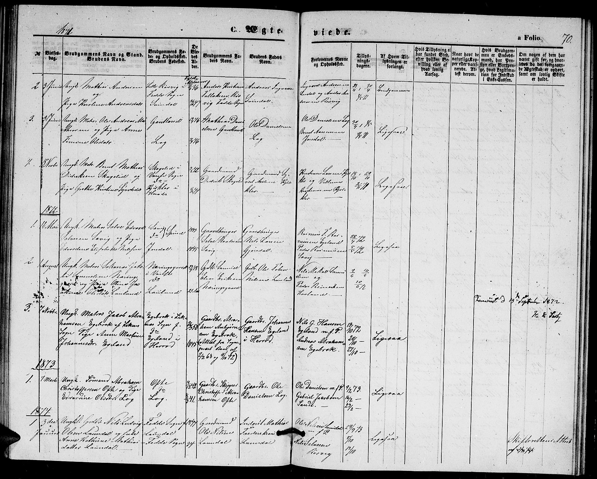 Herad sokneprestkontor, AV/SAK-1111-0018/F/Fb/Fba/L0003: Parish register (copy) no. B 3, 1863-1883, p. 70