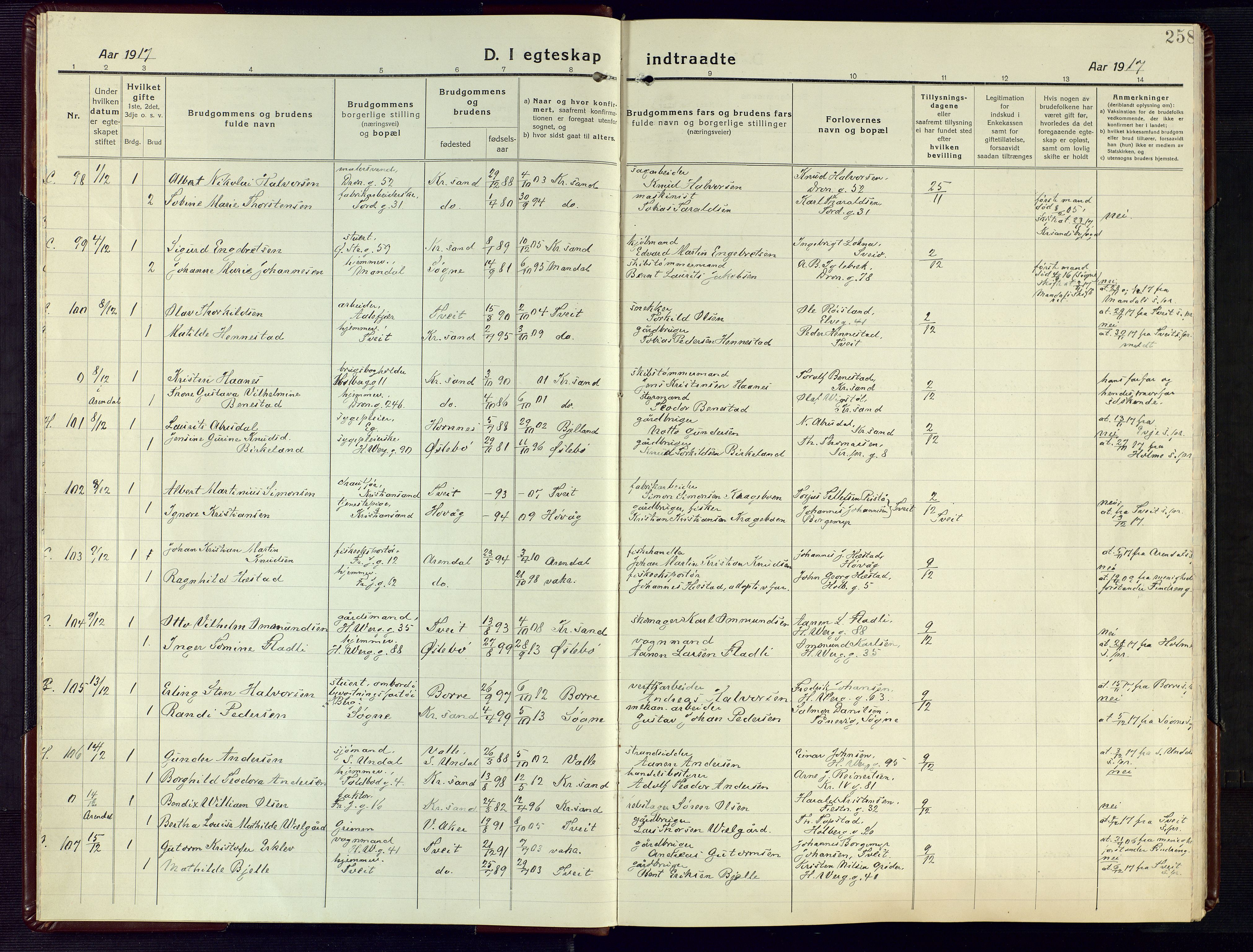 Kristiansand domprosti, AV/SAK-1112-0006/F/Fa/L0028: Parish register (official) no. A 27, 1917-1926, p. 258