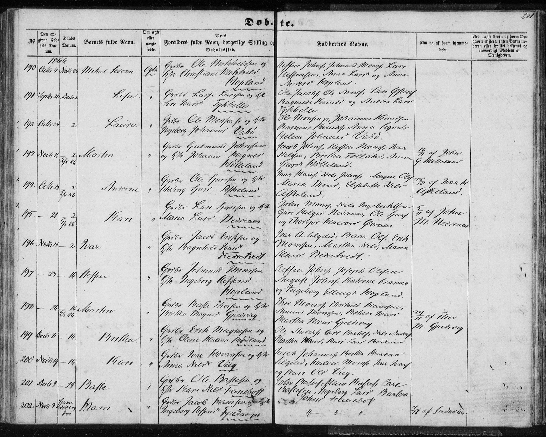 Lindås Sokneprestembete, AV/SAB-A-76701/H/Haa/Haaa/L0011: Parish register (official) no. A 11, 1854-1869, p. 201