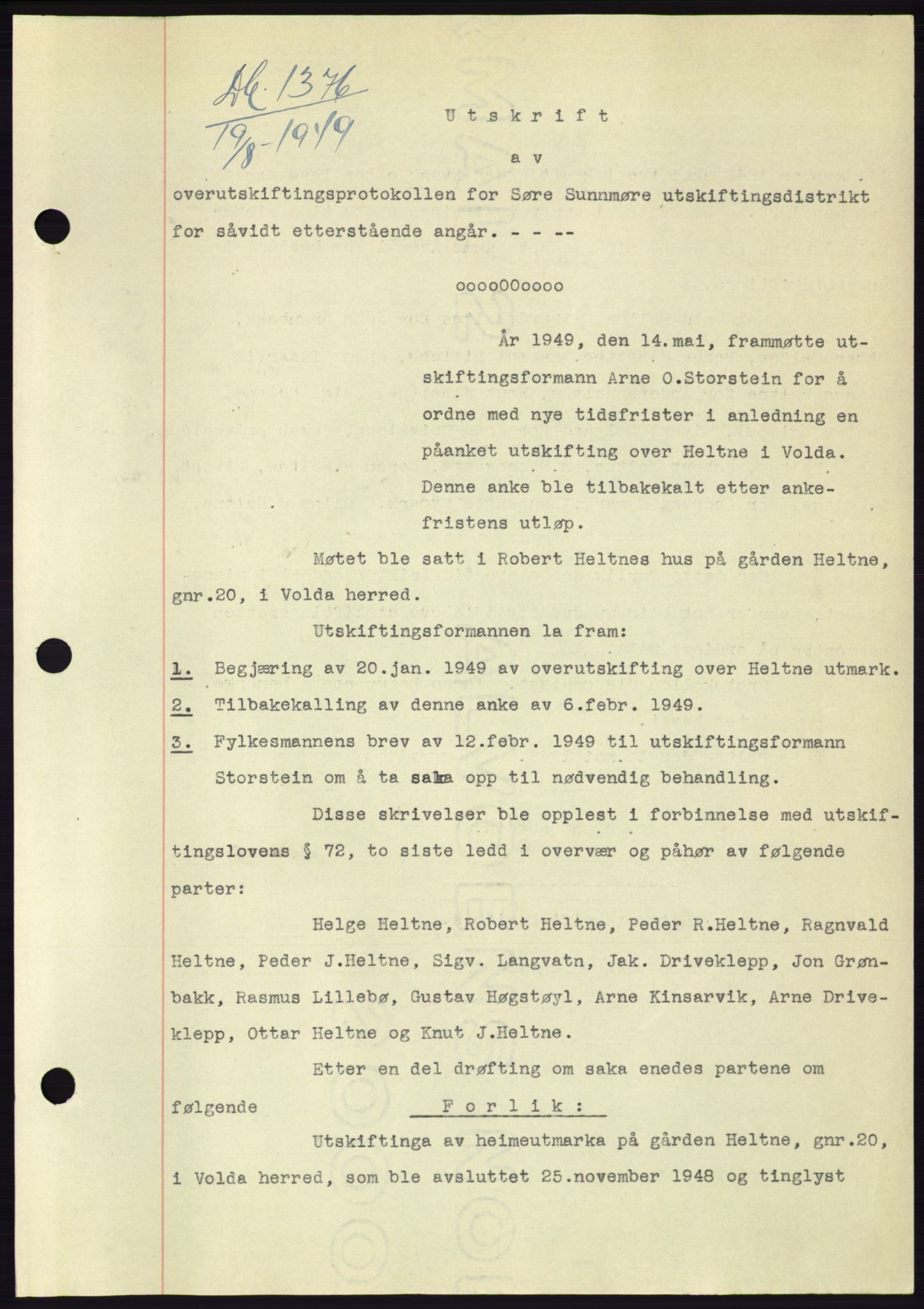 Søre Sunnmøre sorenskriveri, AV/SAT-A-4122/1/2/2C/L0085: Mortgage book no. 11A, 1949-1949, Diary no: : 1376/1949