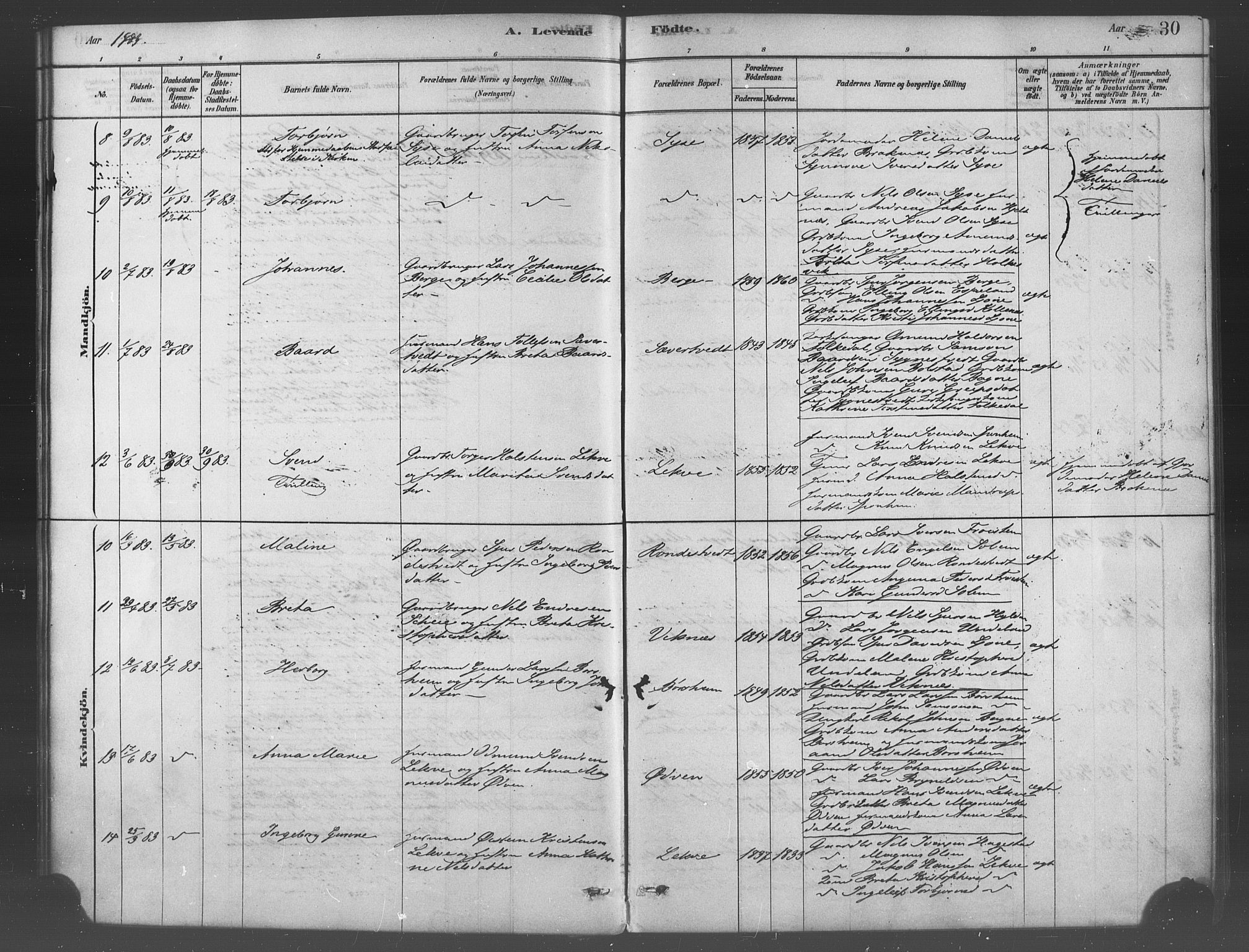 Ulvik sokneprestembete, AV/SAB-A-78801/H/Haa: Parish register (official) no. B 1, 1878-1897, p. 30