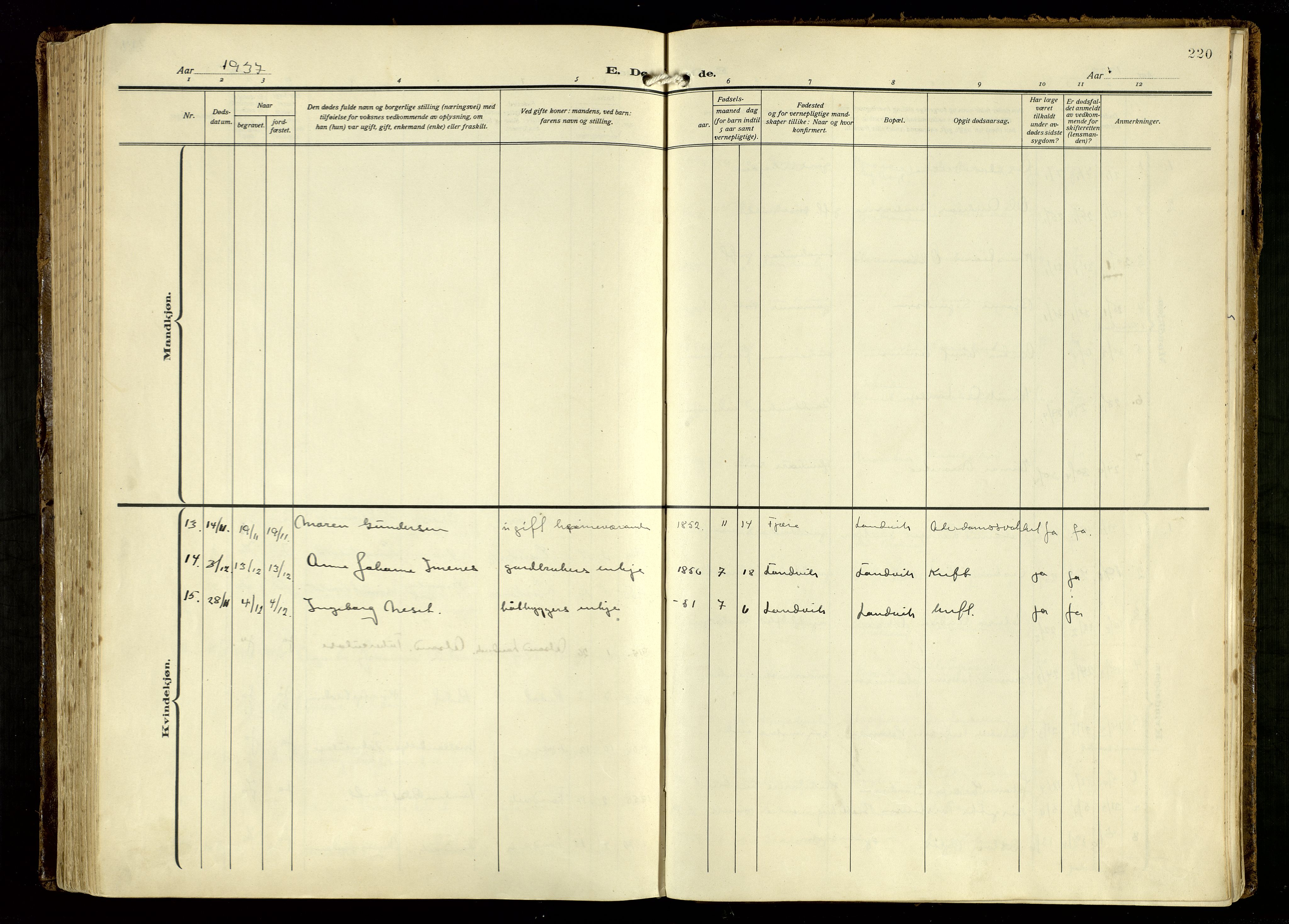 Hommedal sokneprestkontor, AV/SAK-1111-0023/F/Fa/Fab/L0008: Parish register (official) no. A 8, 1925-1956, p. 220