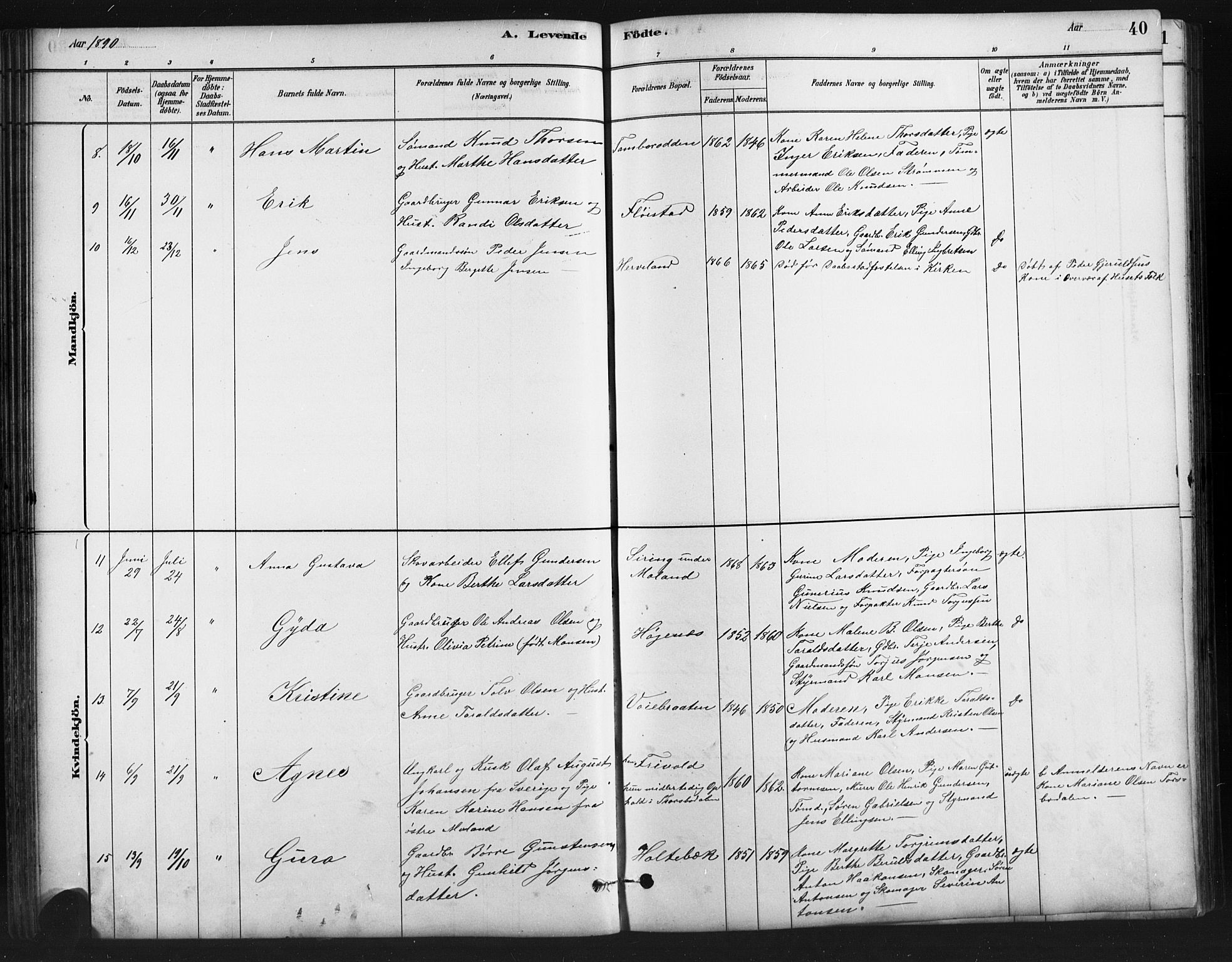 Austre Moland sokneprestkontor, AV/SAK-1111-0001/F/Fb/Fba/L0003: Parish register (copy) no. B 3, 1879-1914, p. 40