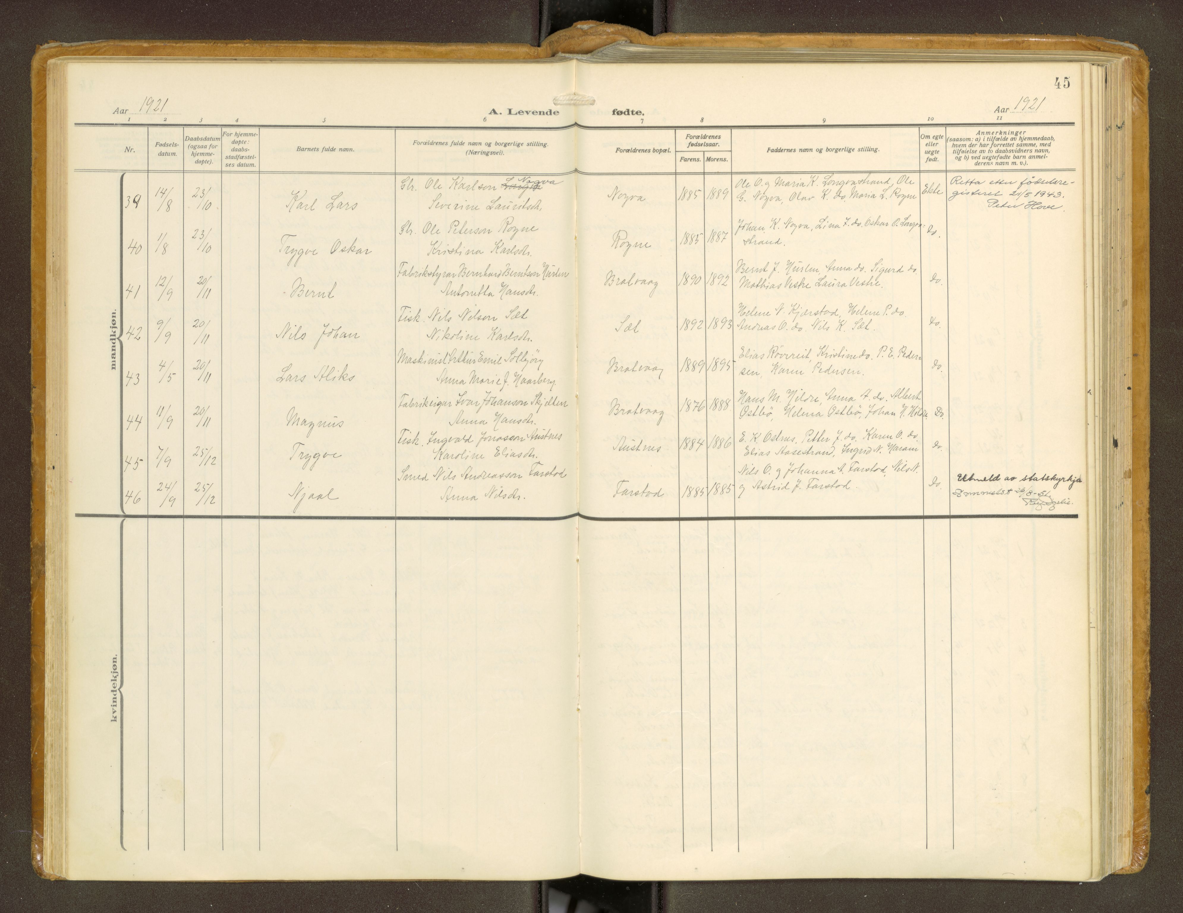 Ministerialprotokoller, klokkerbøker og fødselsregistre - Møre og Romsdal, AV/SAT-A-1454/536/L0518: Parish register (official) no. 536A--, 1914-1931, p. 45