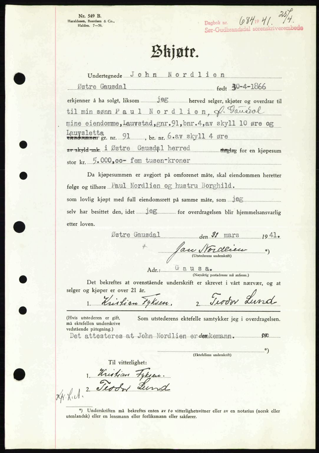 Sør-Gudbrandsdal tingrett, SAH/TING-004/H/Hb/Hbd/L0009: Mortgage book no. A9, 1941-1941, Diary no: : 684/1941