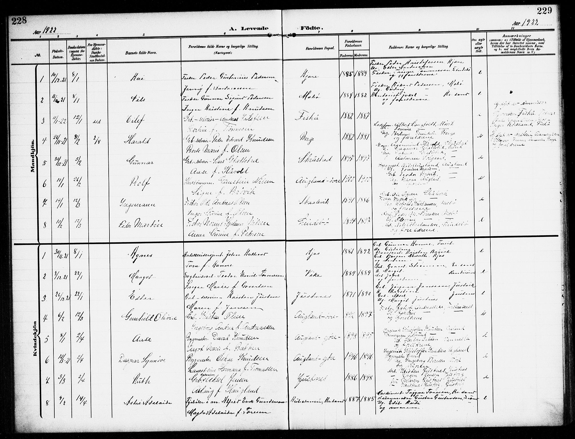 Oddernes sokneprestkontor, SAK/1111-0033/F/Fb/Fba/L0010: Parish register (copy) no. B 10, 1907-1941, p. 228-229