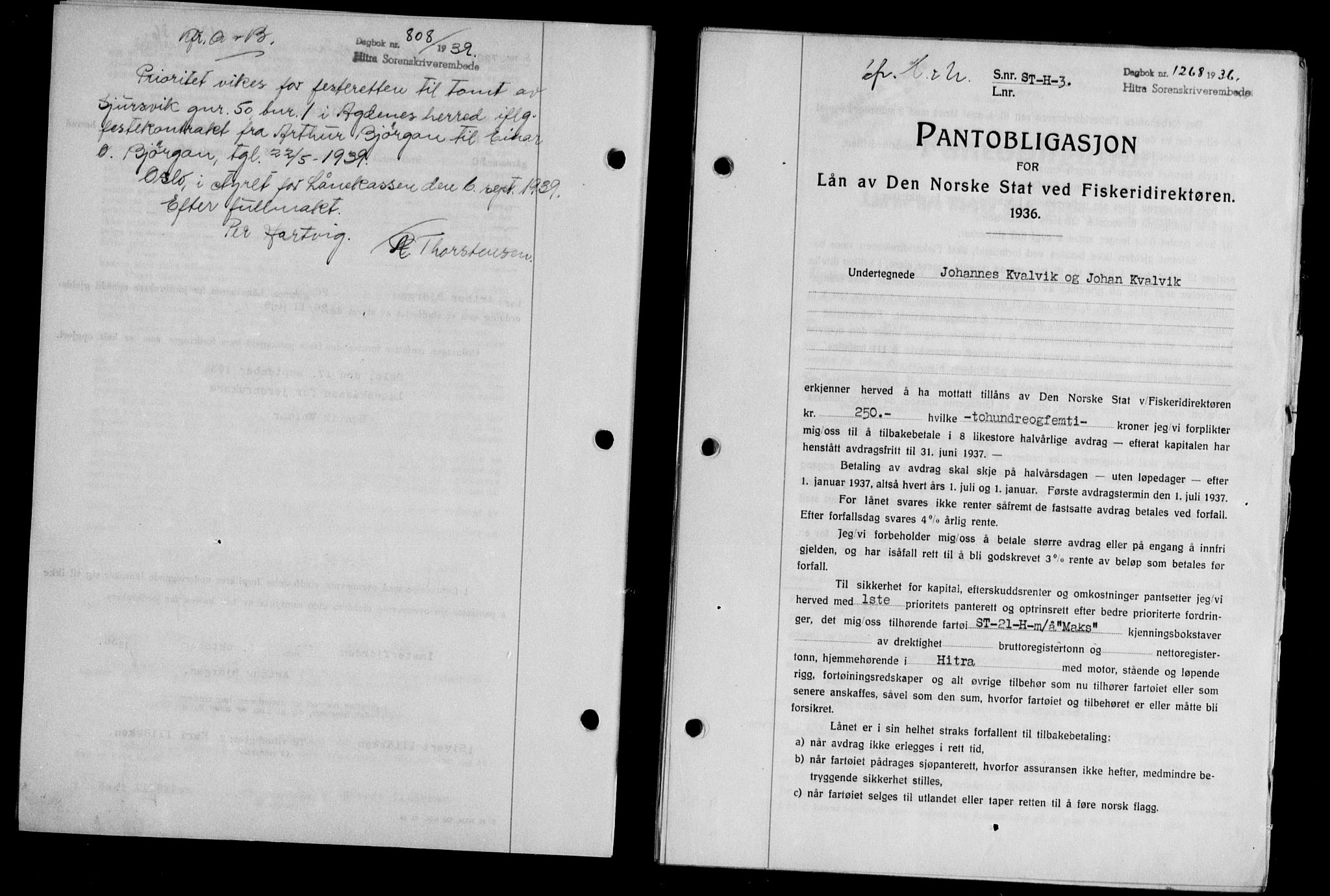 Hitra sorenskriveri, AV/SAT-A-0018/2/2C/2Ca/L0028: Mortgage book no. B-1, 1936-1939, Diary no: : 1263/1936
