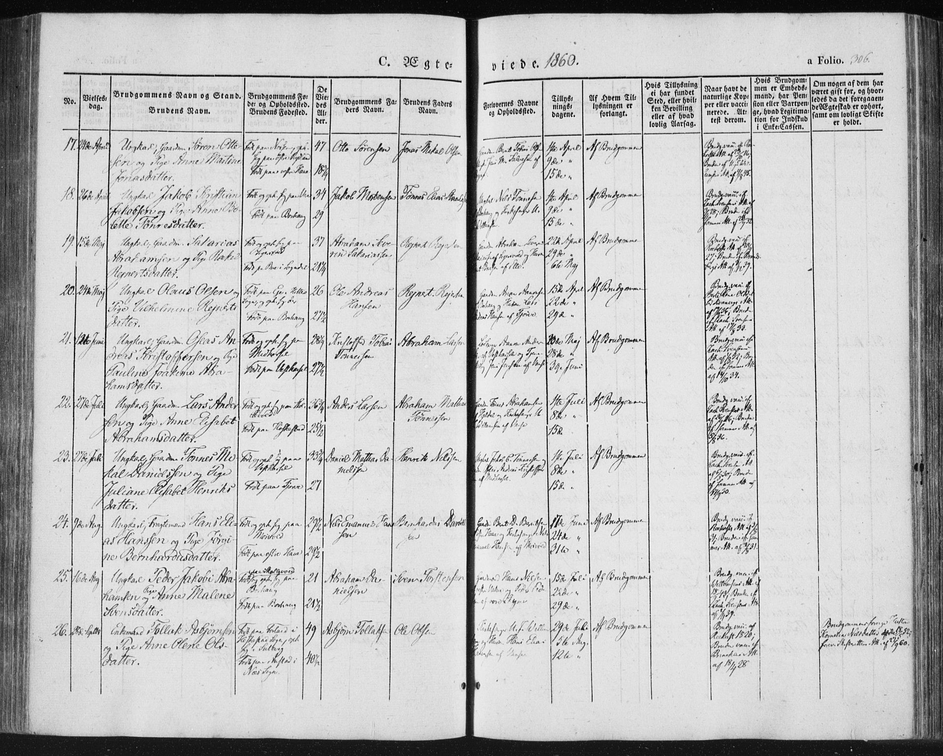 Lista sokneprestkontor, AV/SAK-1111-0027/F/Fa/L0010: Parish register (official) no. A 10, 1846-1861, p. 306