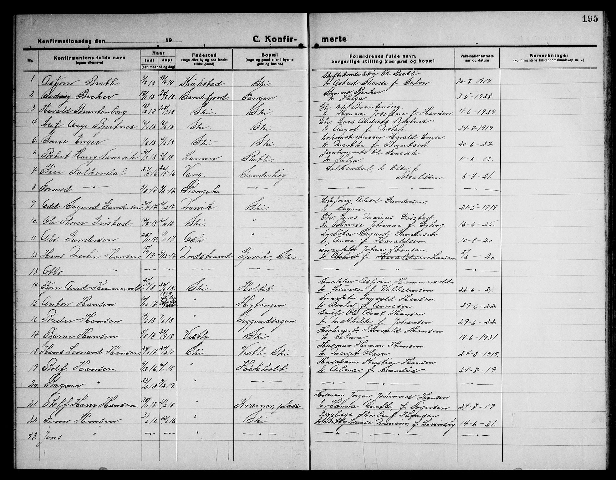 Kråkstad prestekontor Kirkebøker, SAO/A-10125a/G/Gb/L0002: Parish register (copy) no. II 2, 1921-1941, p. 195