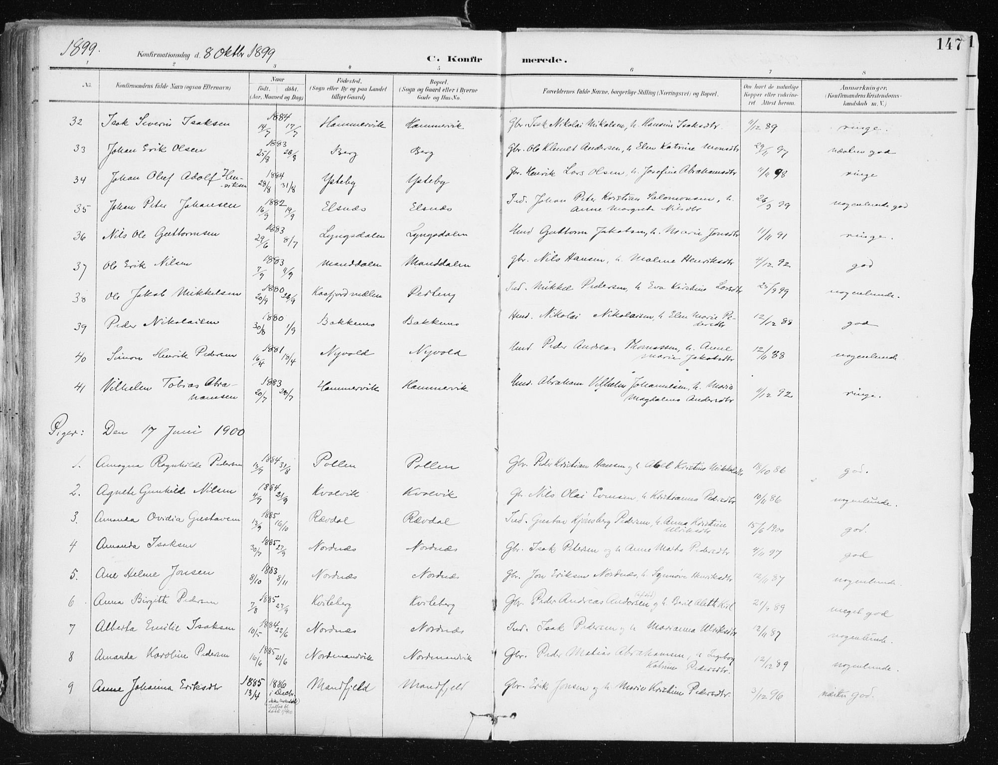 Lyngen sokneprestembete, AV/SATØ-S-1289/H/He/Hea/L0008kirke: Parish register (official) no. 8, 1891-1902, p. 147