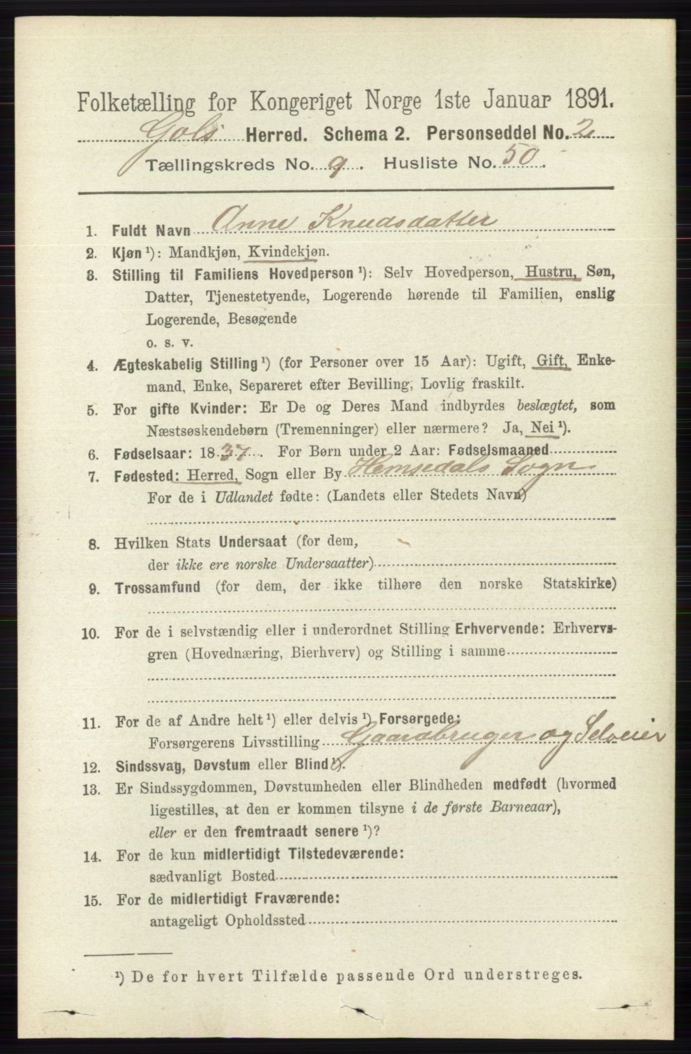 RA, 1891 census for 0617 Gol og Hemsedal, 1891, p. 3679