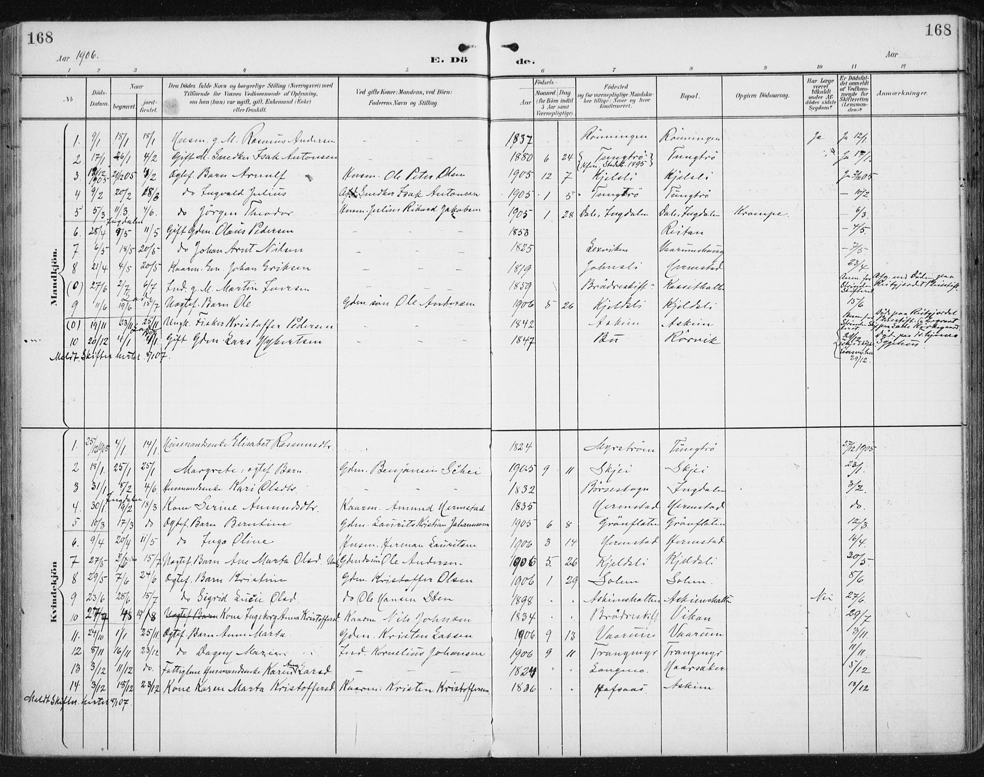 Ministerialprotokoller, klokkerbøker og fødselsregistre - Sør-Trøndelag, SAT/A-1456/646/L0616: Parish register (official) no. 646A14, 1900-1918, p. 168