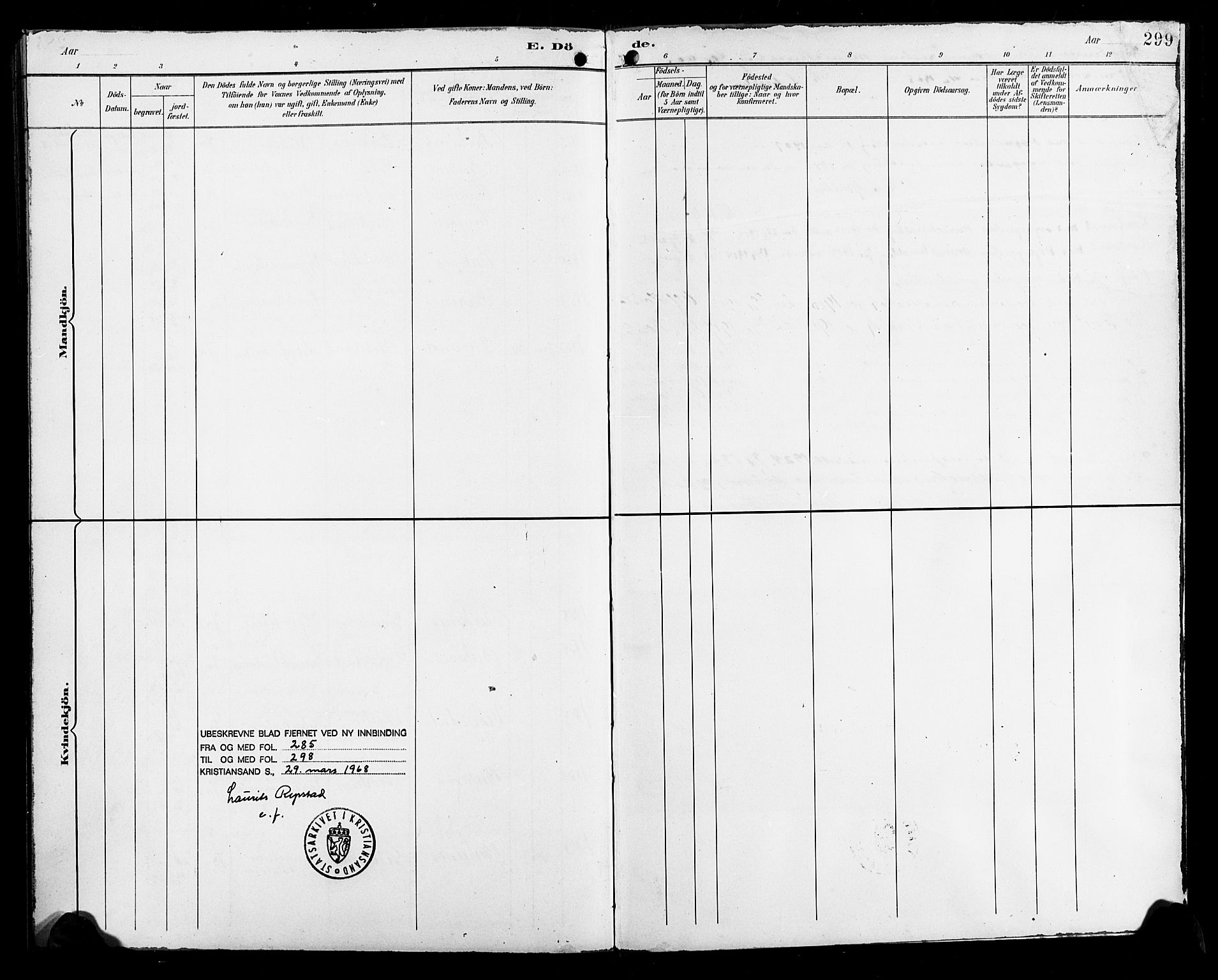 Birkenes sokneprestkontor, AV/SAK-1111-0004/F/Fb/L0004: Parish register (copy) no. B 4, 1893-1930, p. 299