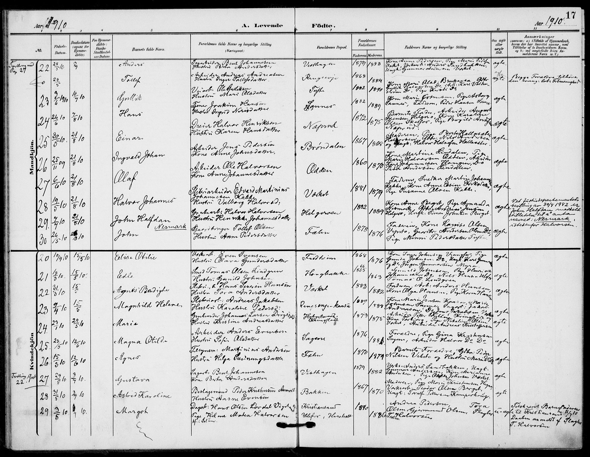 Holla kirkebøker, AV/SAKO-A-272/F/Fa/L0012: Parish register (official) no. 12, 1907-1923, p. 17