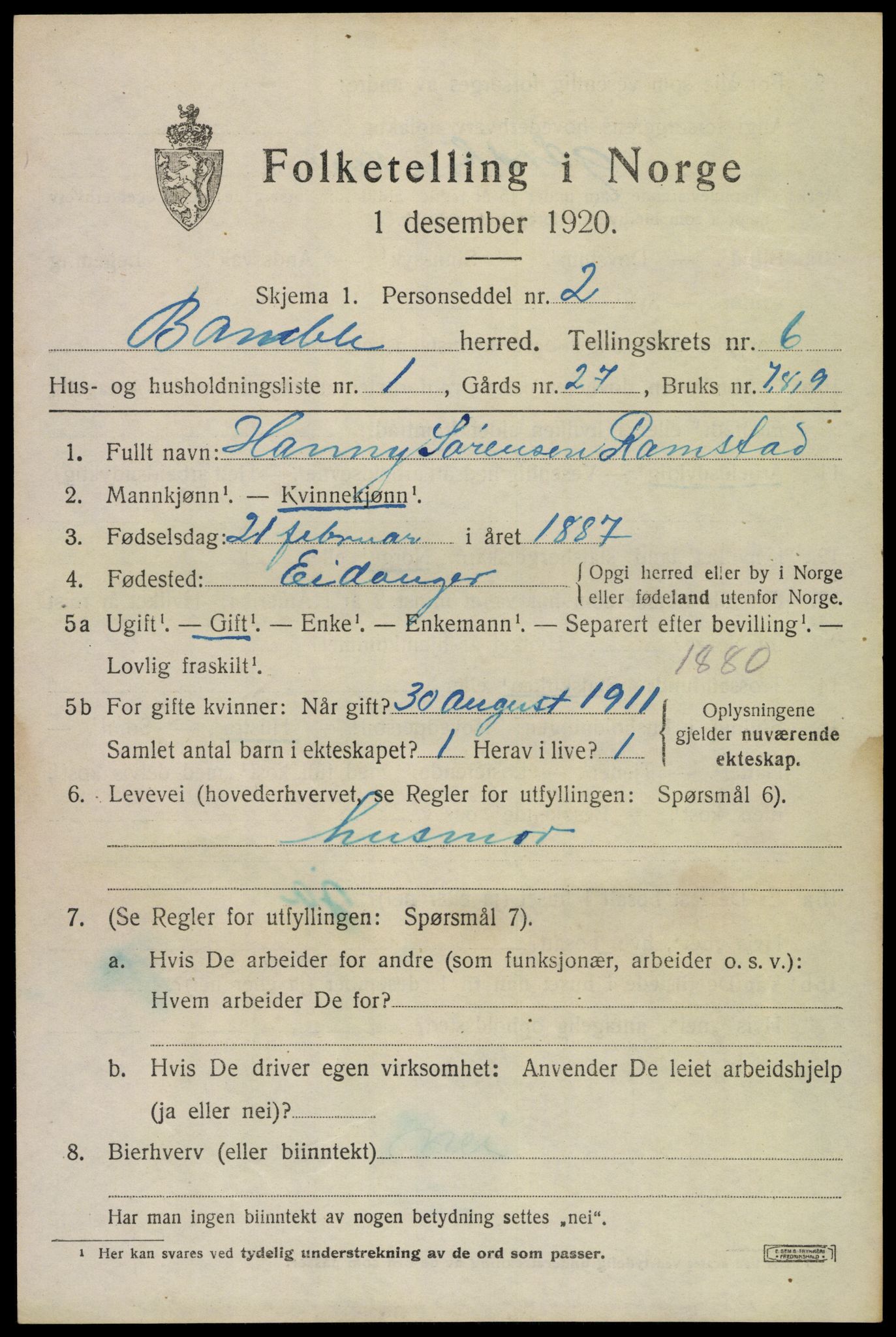 SAKO, 1920 census for Bamble, 1920, p. 5885