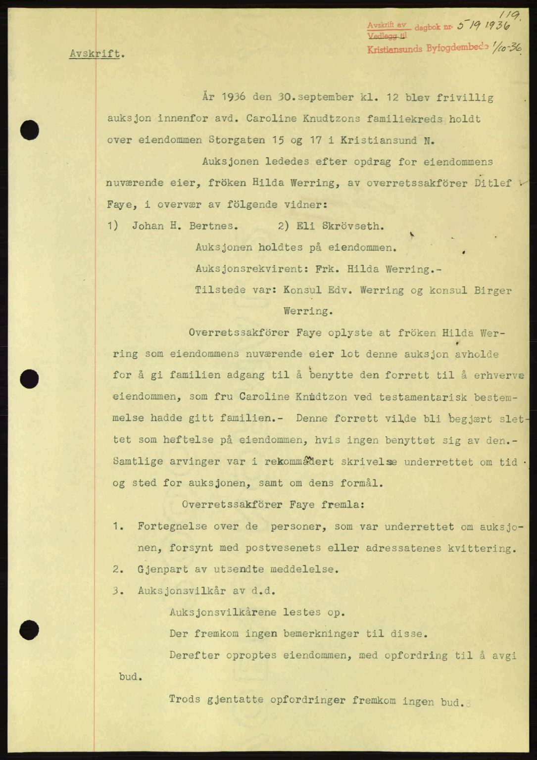 Kristiansund byfogd, AV/SAT-A-4587/A/27: Mortgage book no. 29, 1936-1937, Diary no: : 519/1936