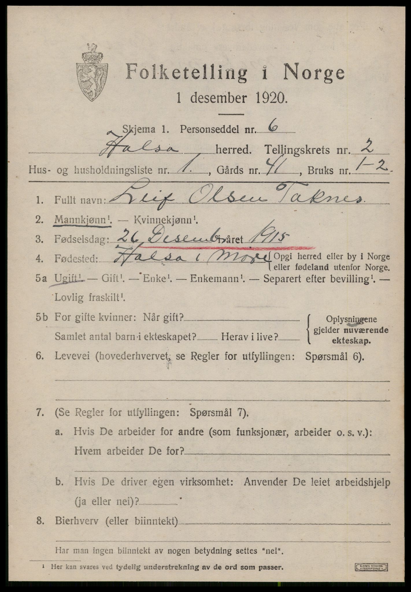 SAT, 1920 census for Halsa, 1920, p. 908