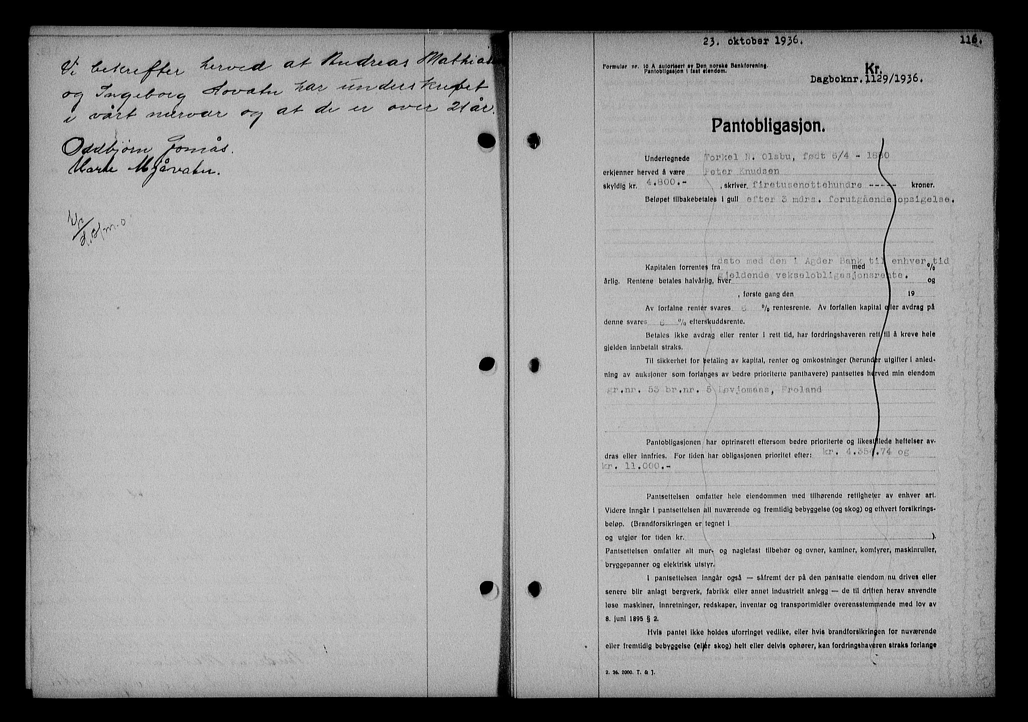 Nedenes sorenskriveri, SAK/1221-0006/G/Gb/Gba/L0043: Mortgage book no. 39, 1936-1937, Diary no: : 1129/1936