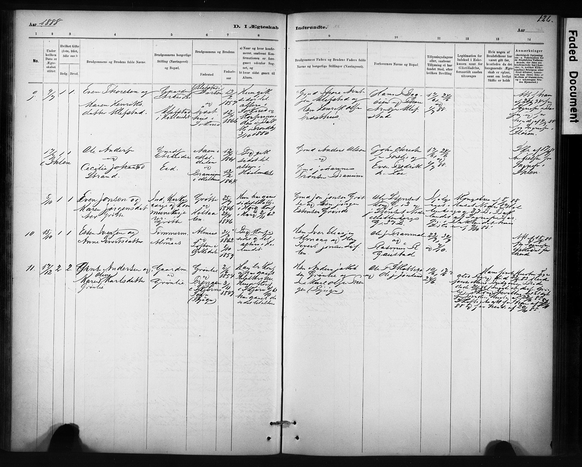 Ministerialprotokoller, klokkerbøker og fødselsregistre - Sør-Trøndelag, AV/SAT-A-1456/694/L1127: Parish register (official) no. 694A01, 1887-1905, p. 126