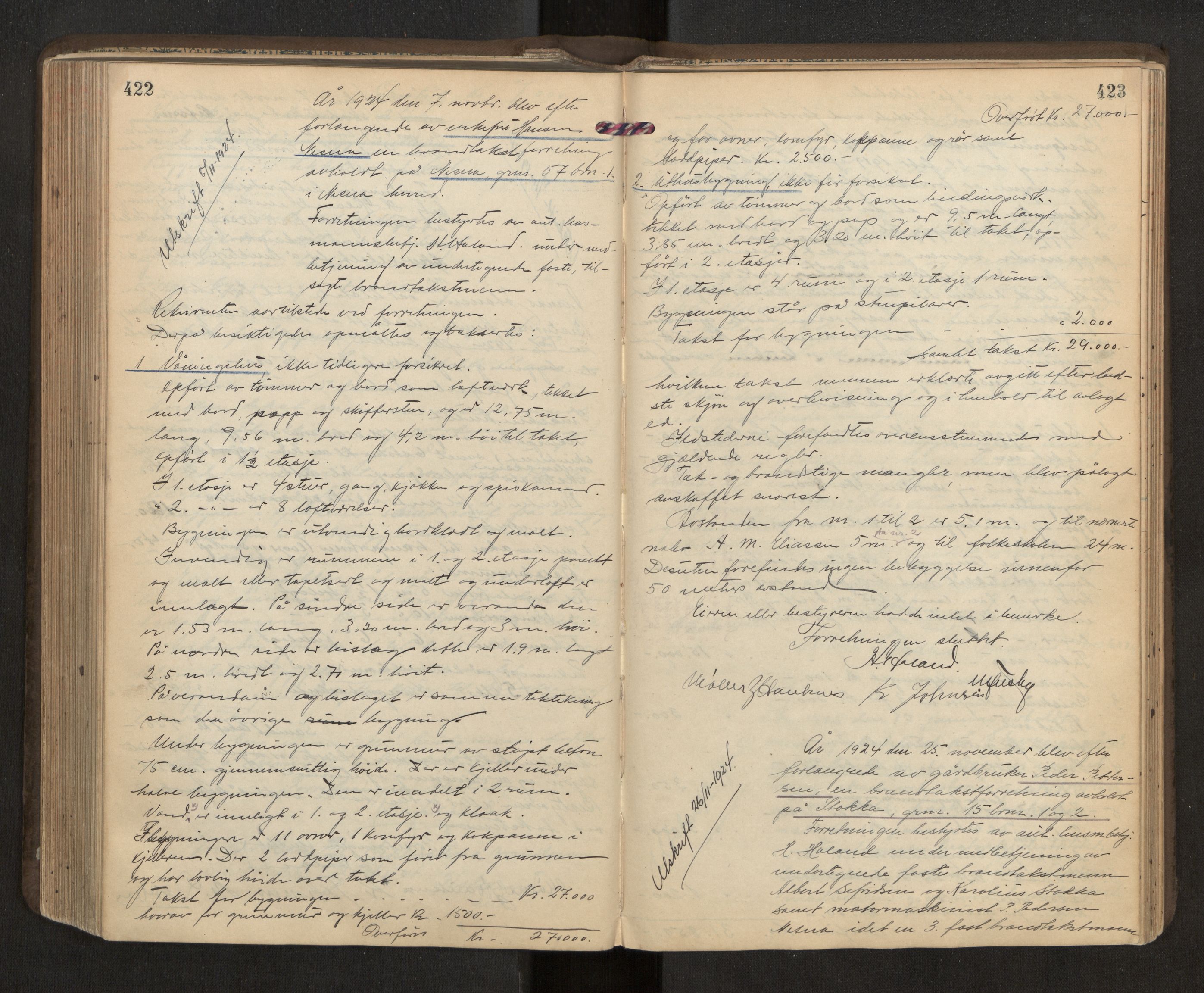 Norges Brannkasse Nesna, AV/SAT-A-5575/Fa/L0004: Branntakstprotokoll, 1919-1927, p. 422-423