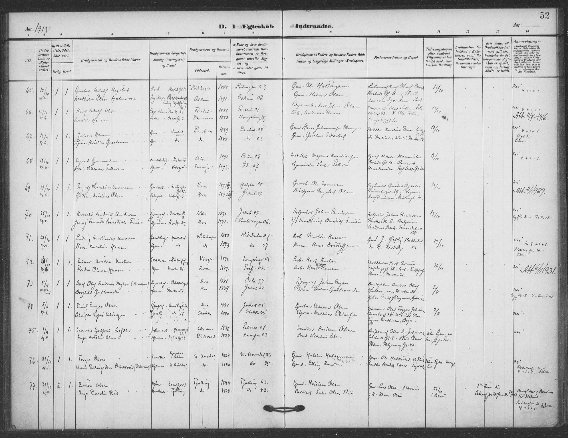 Jakob prestekontor Kirkebøker, SAO/A-10850/F/Fa/L0010: Parish register (official) no. 10, 1908-1922, p. 52