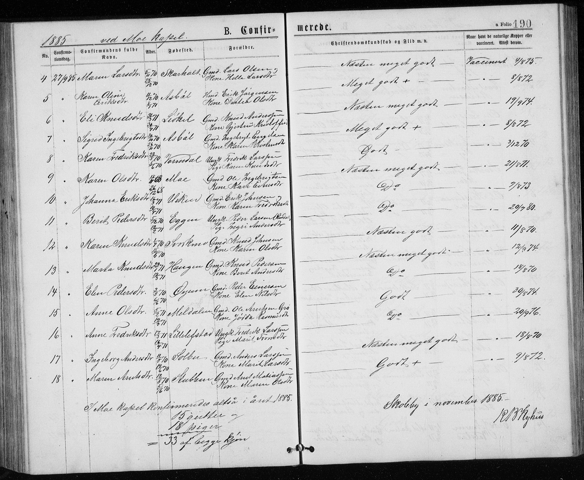Ministerialprotokoller, klokkerbøker og fødselsregistre - Sør-Trøndelag, SAT/A-1456/671/L0843: Parish register (copy) no. 671C02, 1873-1892, p. 190