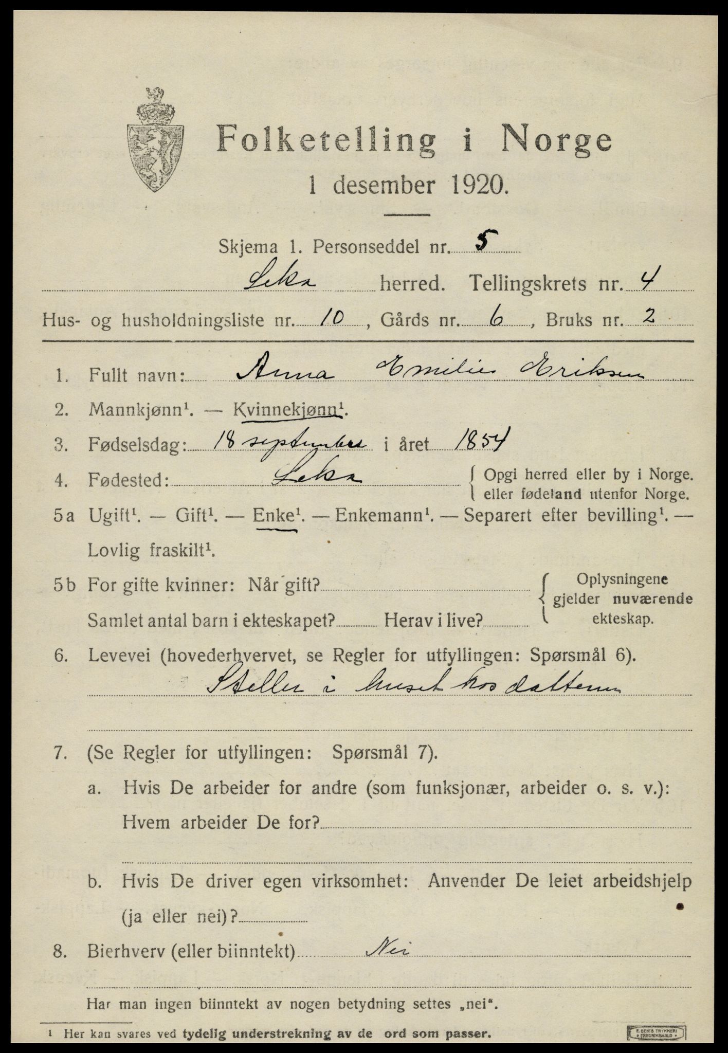 SAT, 1920 census for Leka, 1920, p. 1721