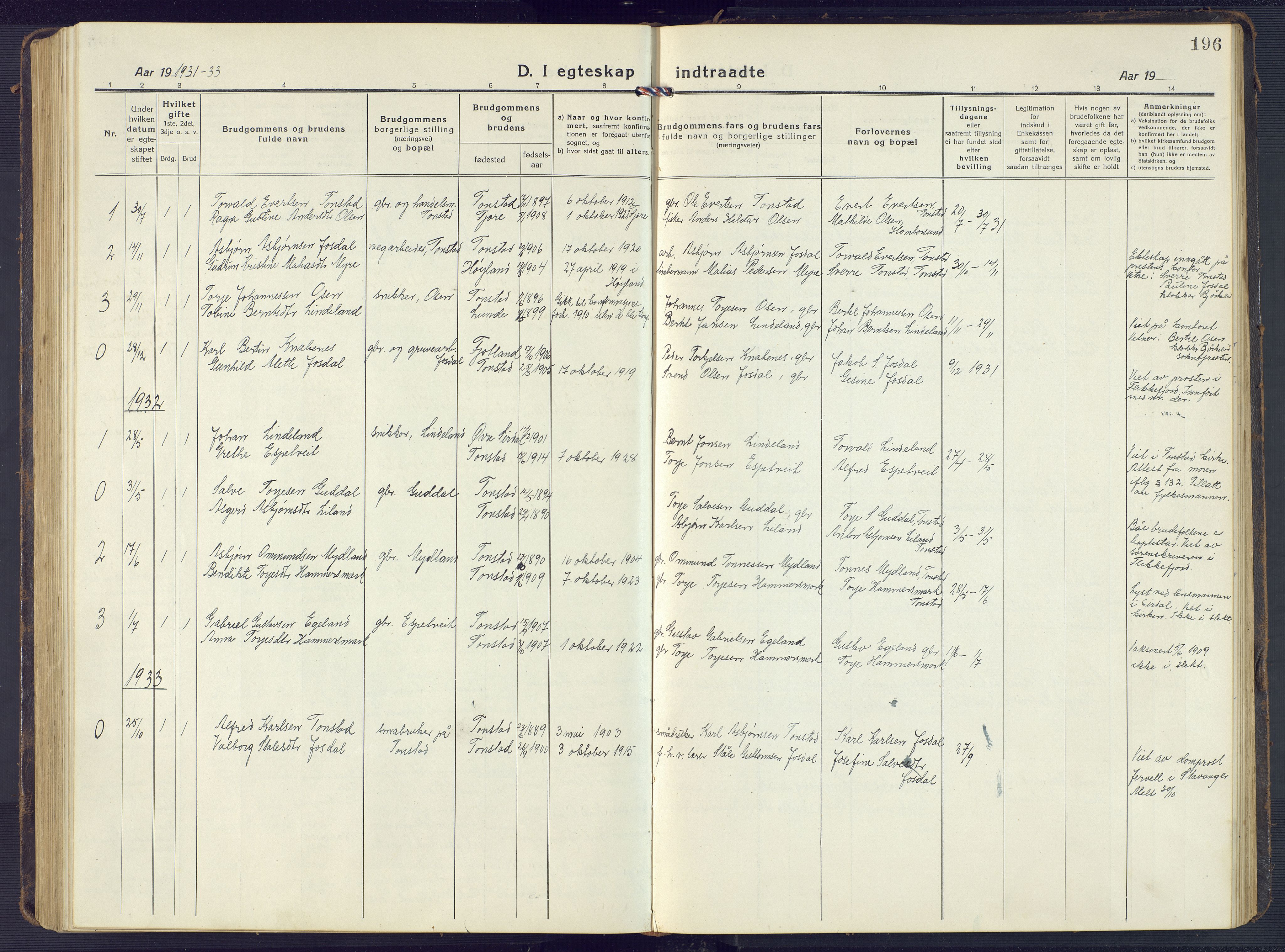 Sirdal sokneprestkontor, SAK/1111-0036/F/Fb/Fbb/L0005: Parish register (copy) no. B 5, 1916-1960, p. 196