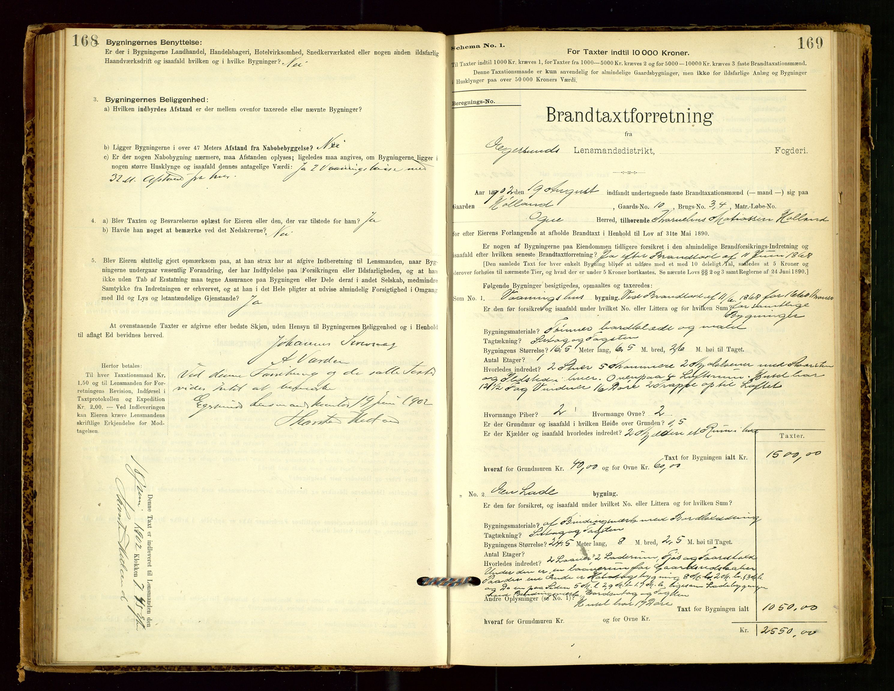 Eigersund lensmannskontor, SAST/A-100171/Gob/L0001: Skjemaprotokoll, 1894-1909, p. 168-169