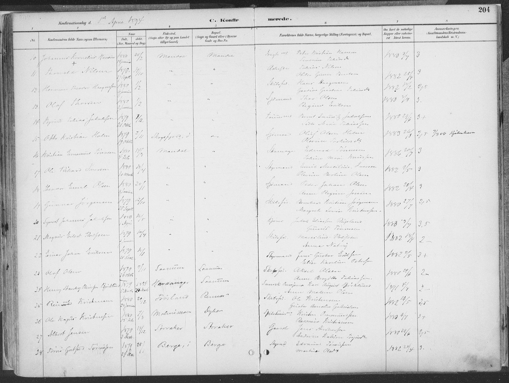 Mandal sokneprestkontor, AV/SAK-1111-0030/F/Fa/Faa/L0018: Parish register (official) no. A 18, 1890-1905, p. 204