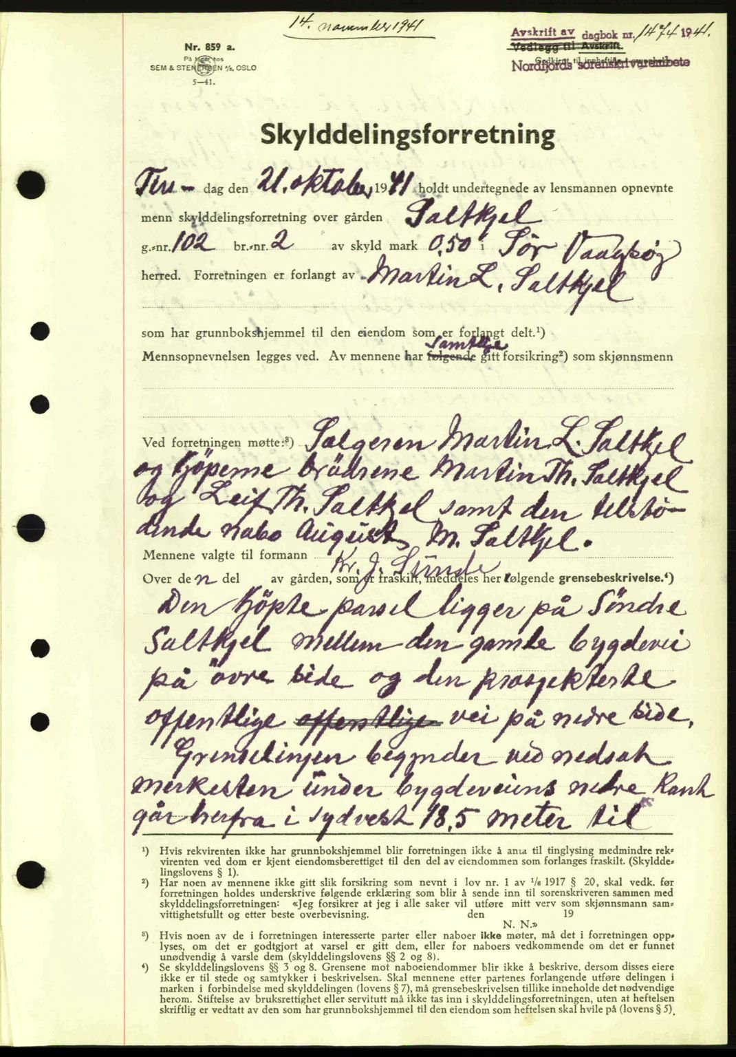 Nordfjord sorenskriveri, AV/SAB-A-2801/02/02b/02bj/L0006: Mortgage book no. A6, 1940-1941, Diary no: : 1474/1941