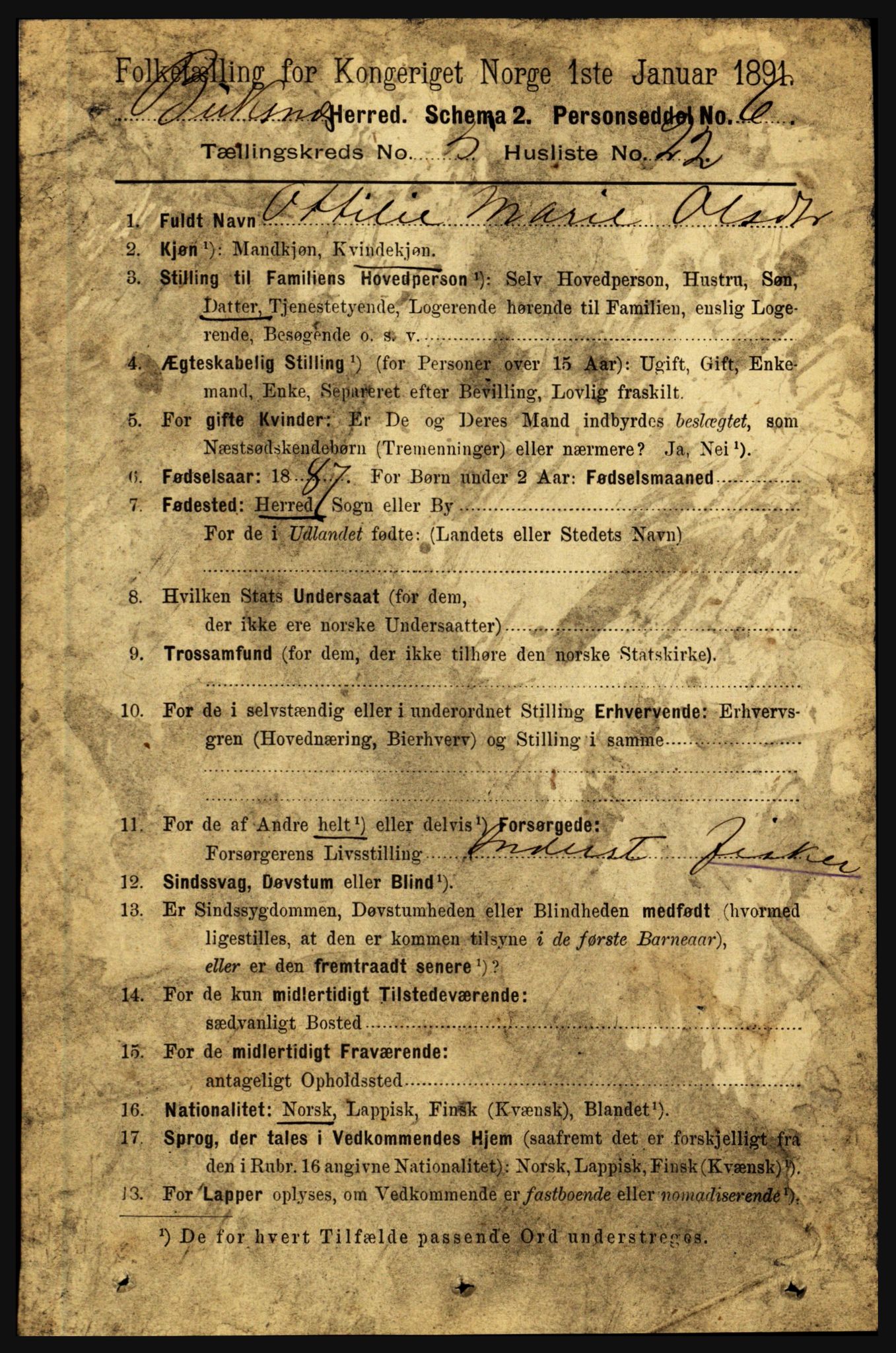 RA, 1891 census for 1860 Buksnes, 1891, p. 4012