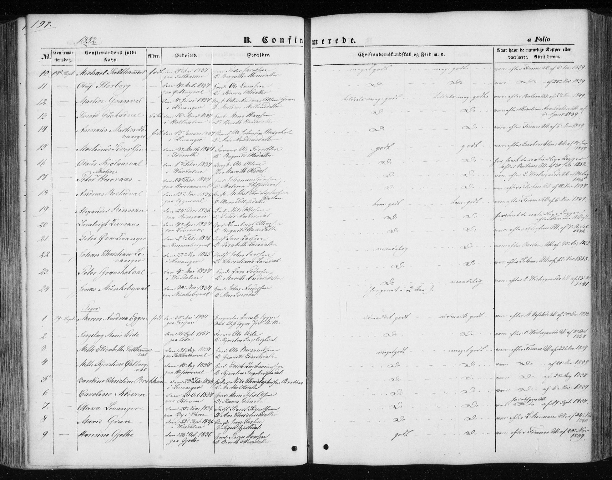 Ministerialprotokoller, klokkerbøker og fødselsregistre - Nord-Trøndelag, AV/SAT-A-1458/717/L0154: Parish register (official) no. 717A07 /1, 1850-1862, p. 197