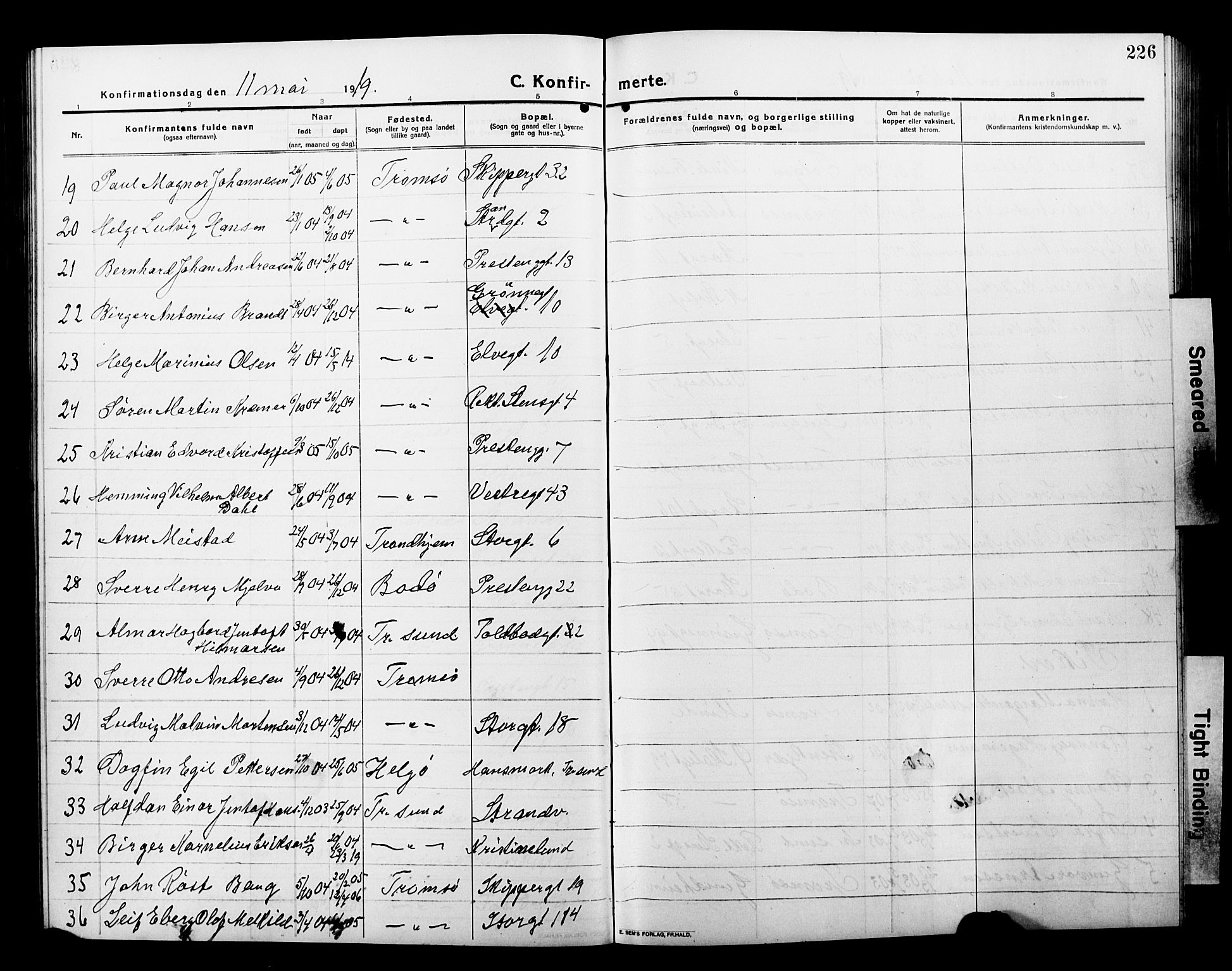 Tromsø sokneprestkontor/stiftsprosti/domprosti, AV/SATØ-S-1343/G/Gb/L0009klokker: Parish register (copy) no. 9, 1915-1925, p. 226