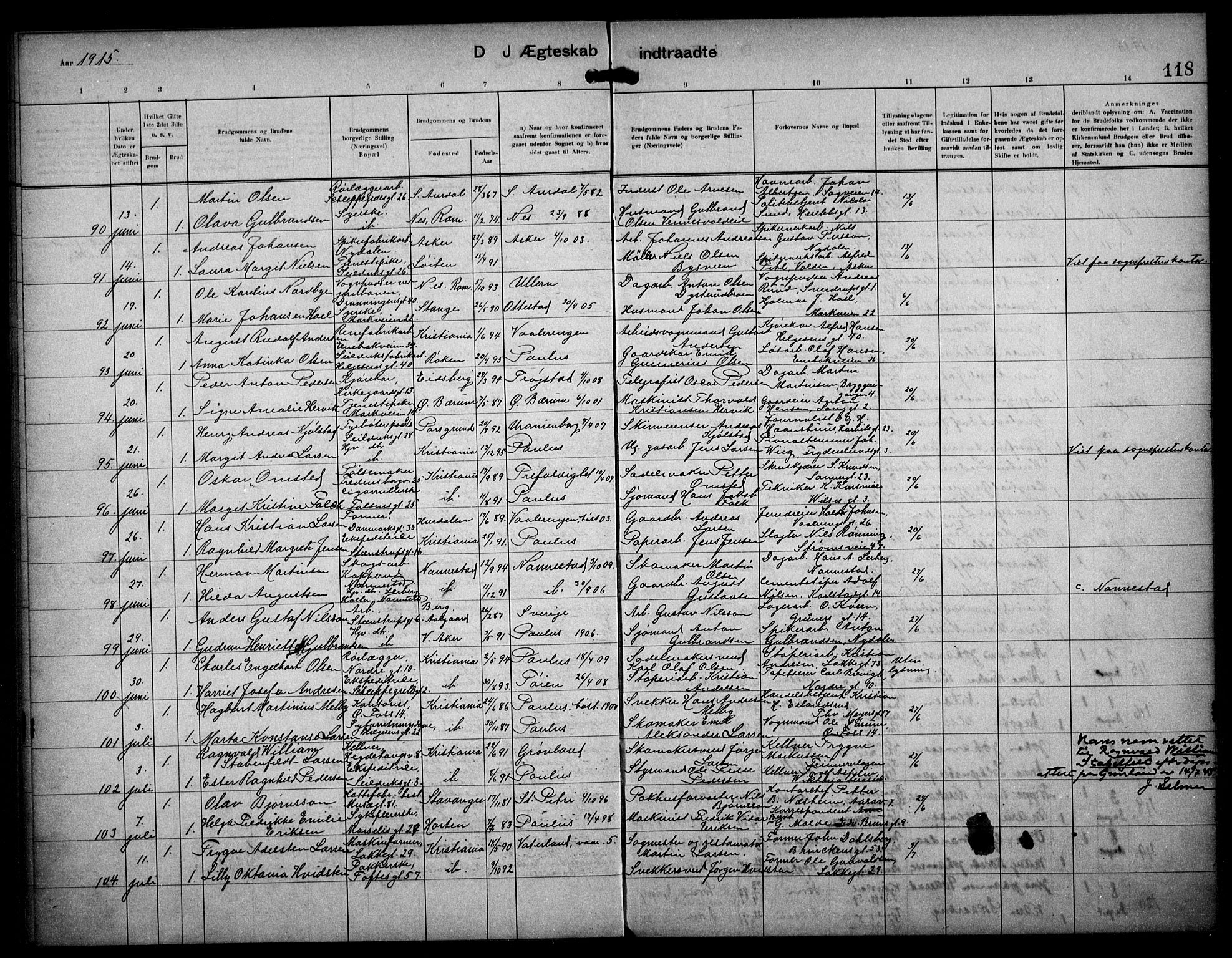 Paulus prestekontor Kirkebøker, SAO/A-10871/F/Fa/L0017: Parish register (official) no. 17, 1906-1917, p. 118