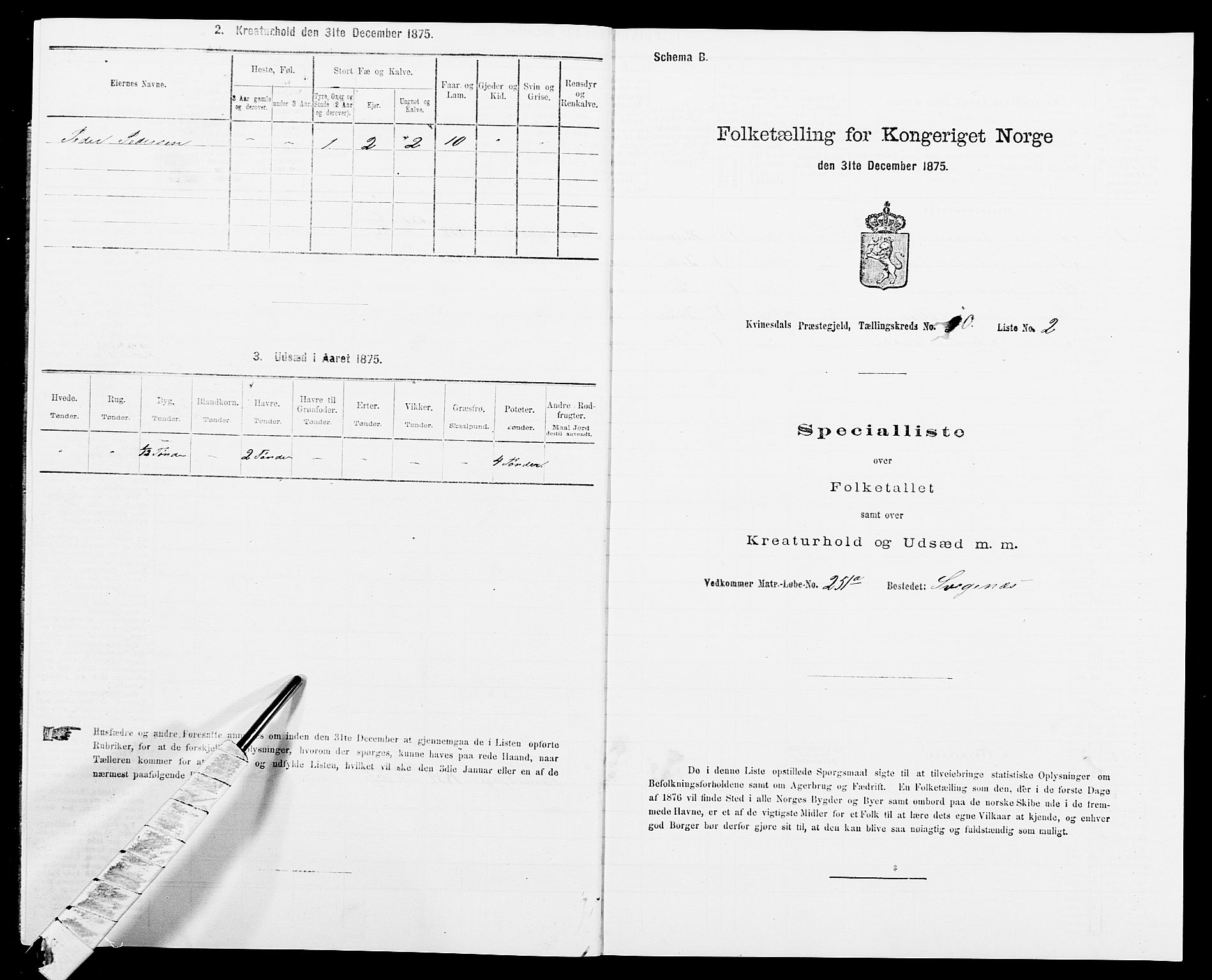 SAK, 1875 census for 1037P Kvinesdal, 1875, p. 1541