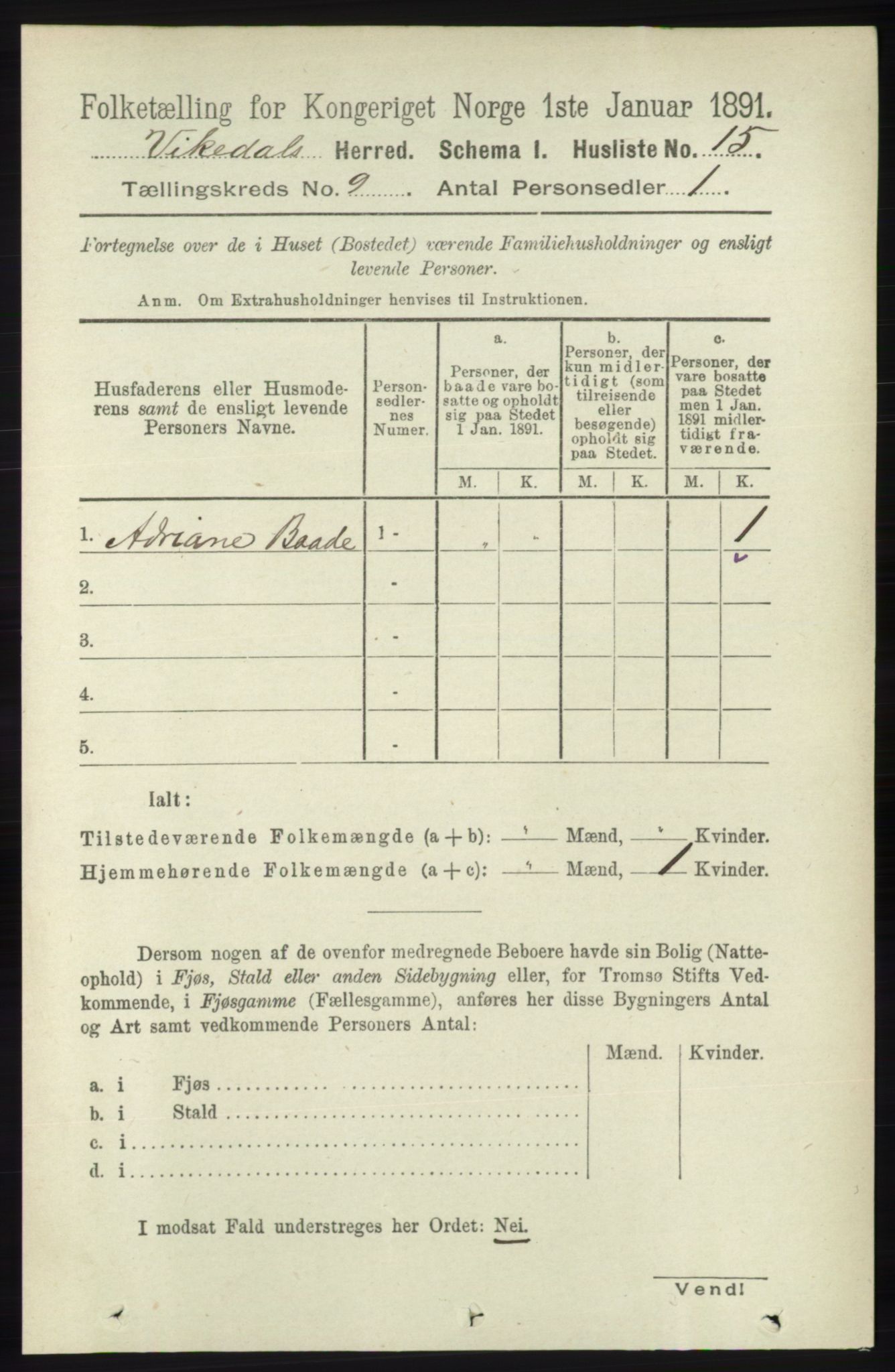 RA, 1891 census for 1157 Vikedal, 1891, p. 2358