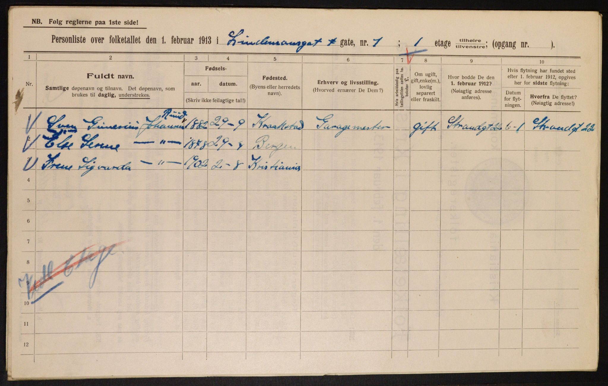 OBA, Municipal Census 1913 for Kristiania, 1913, p. 57392