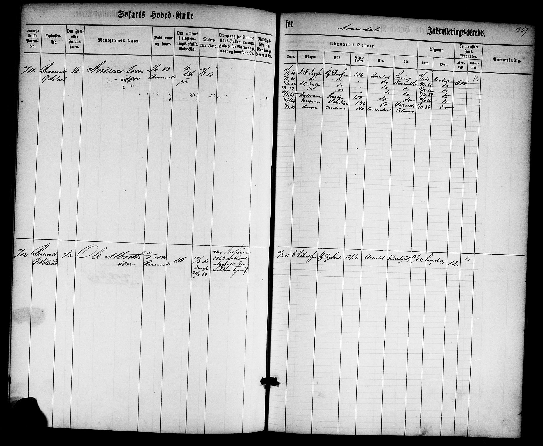 Arendal mønstringskrets, AV/SAK-2031-0012/F/Fb/L0001: Hovedrulle nr 1-766 uten register, E-2, 1860-1868, p. 367