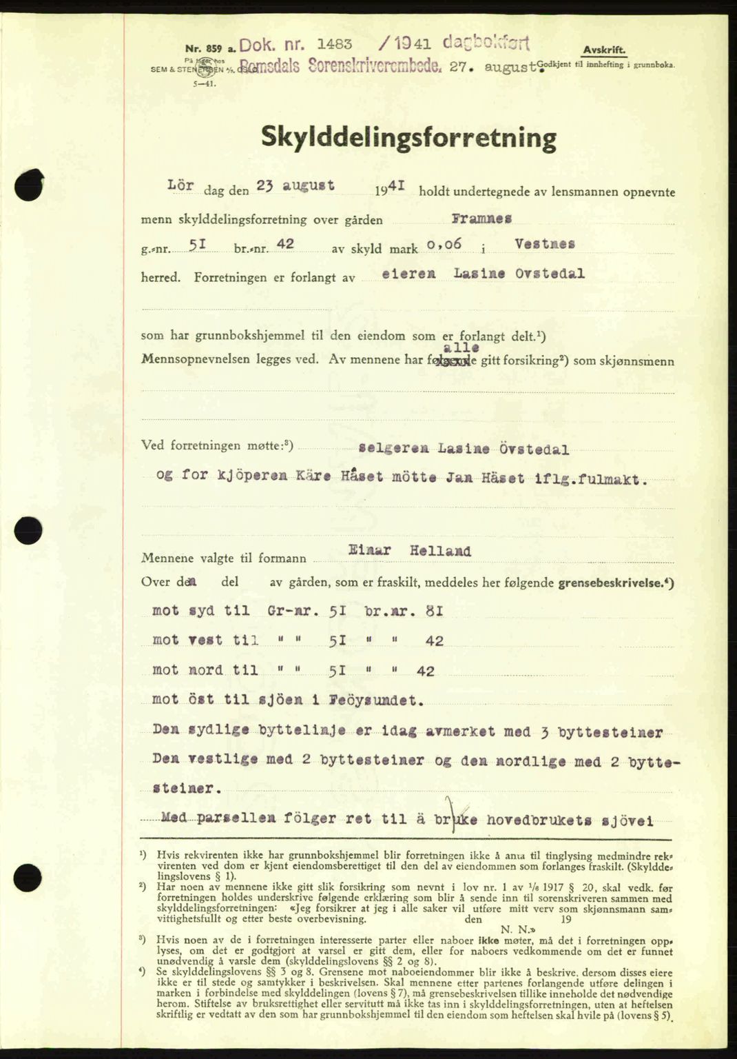 Romsdal sorenskriveri, AV/SAT-A-4149/1/2/2C: Mortgage book no. A10, 1941-1941, Diary no: : 1483/1941